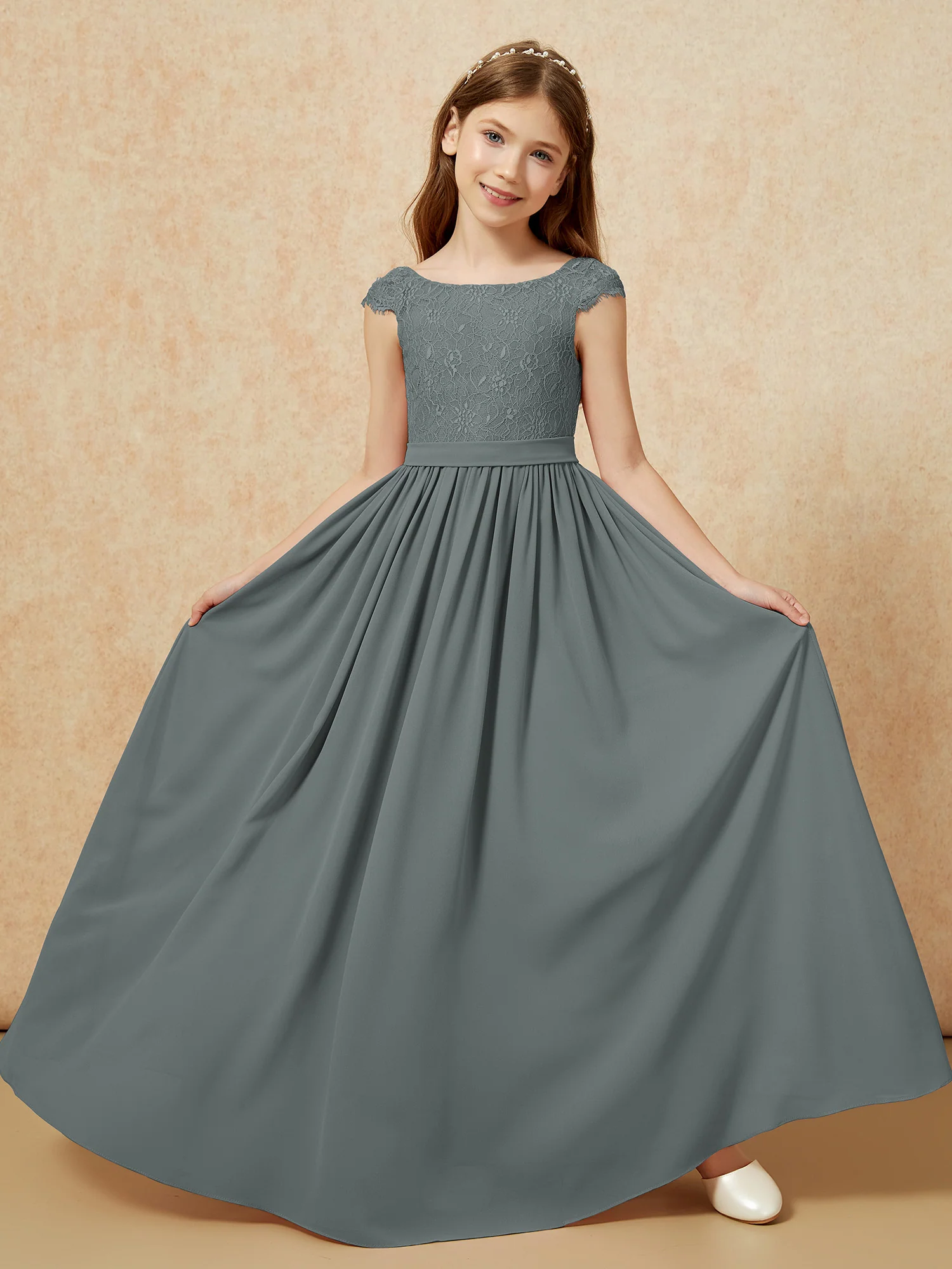 Cap Sleeve Lace Chiffon Junior Bridesmaid Dresses Steel Grey - Image 5