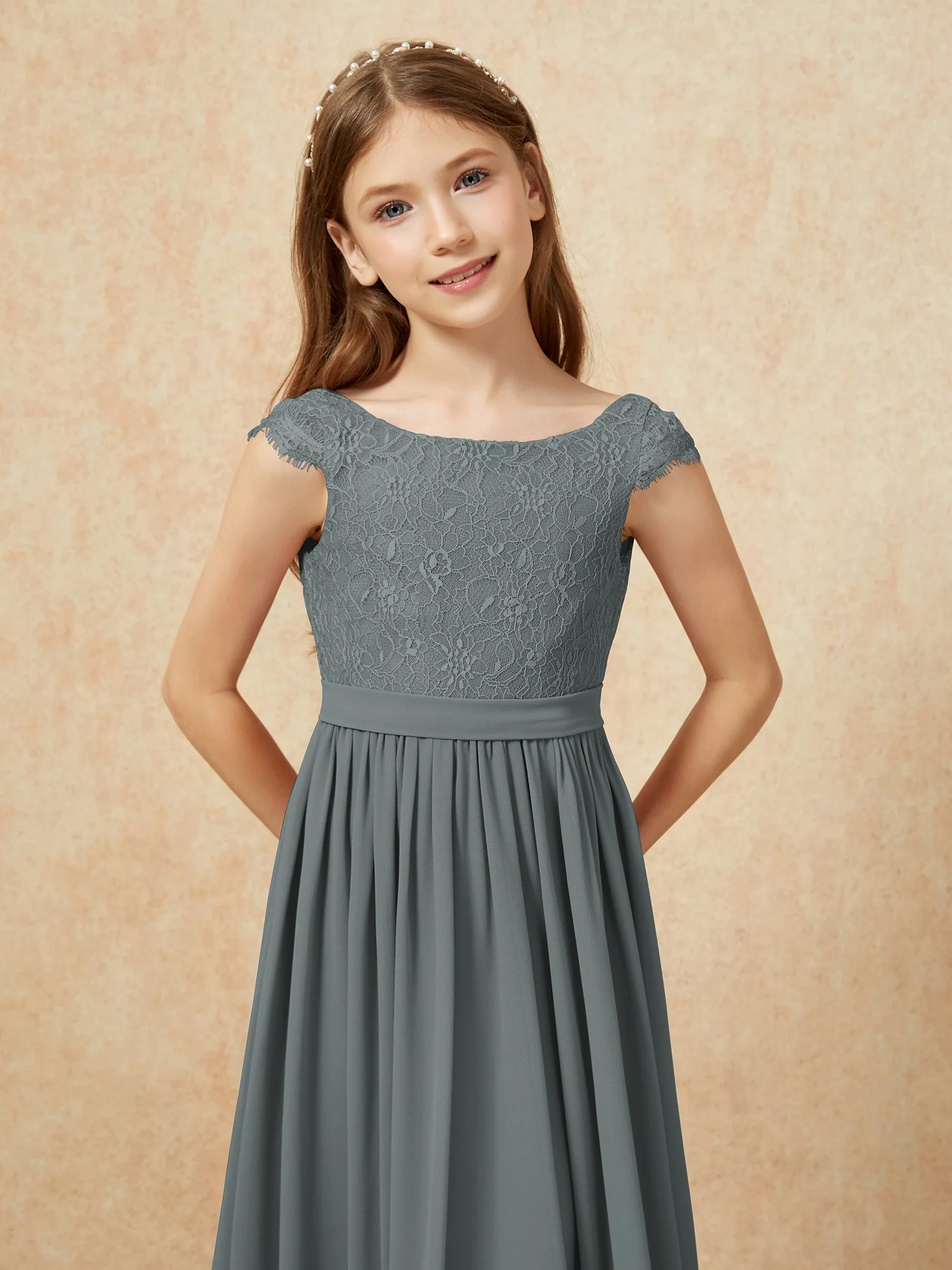 Cap Sleeve Lace Chiffon Junior Bridesmaid Dresses Steel Grey - Image 6