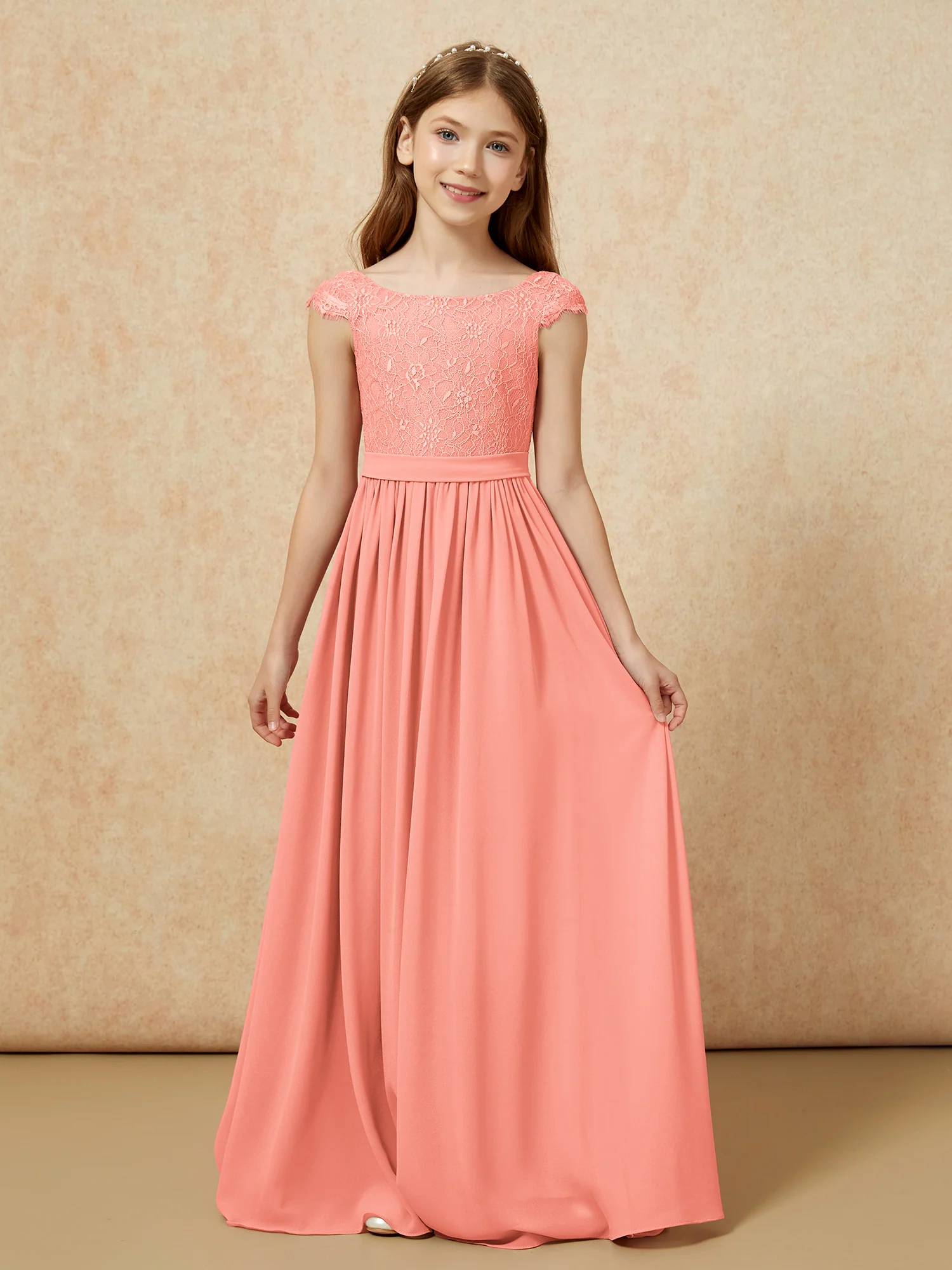 Cap Sleeve Lace Chiffon Junior Bridesmaid Dresses Sunset