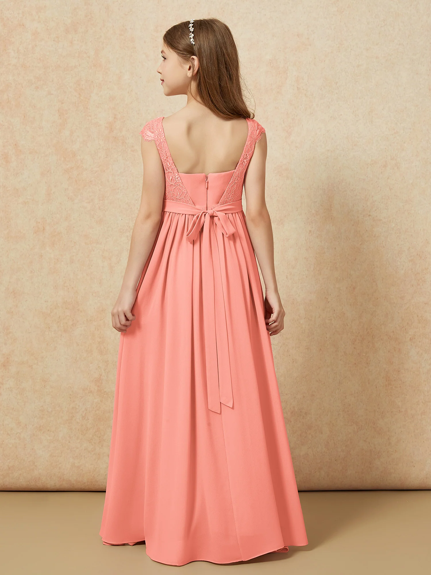Cap Sleeve Lace Chiffon Junior Bridesmaid Dresses Sunset - Image 2