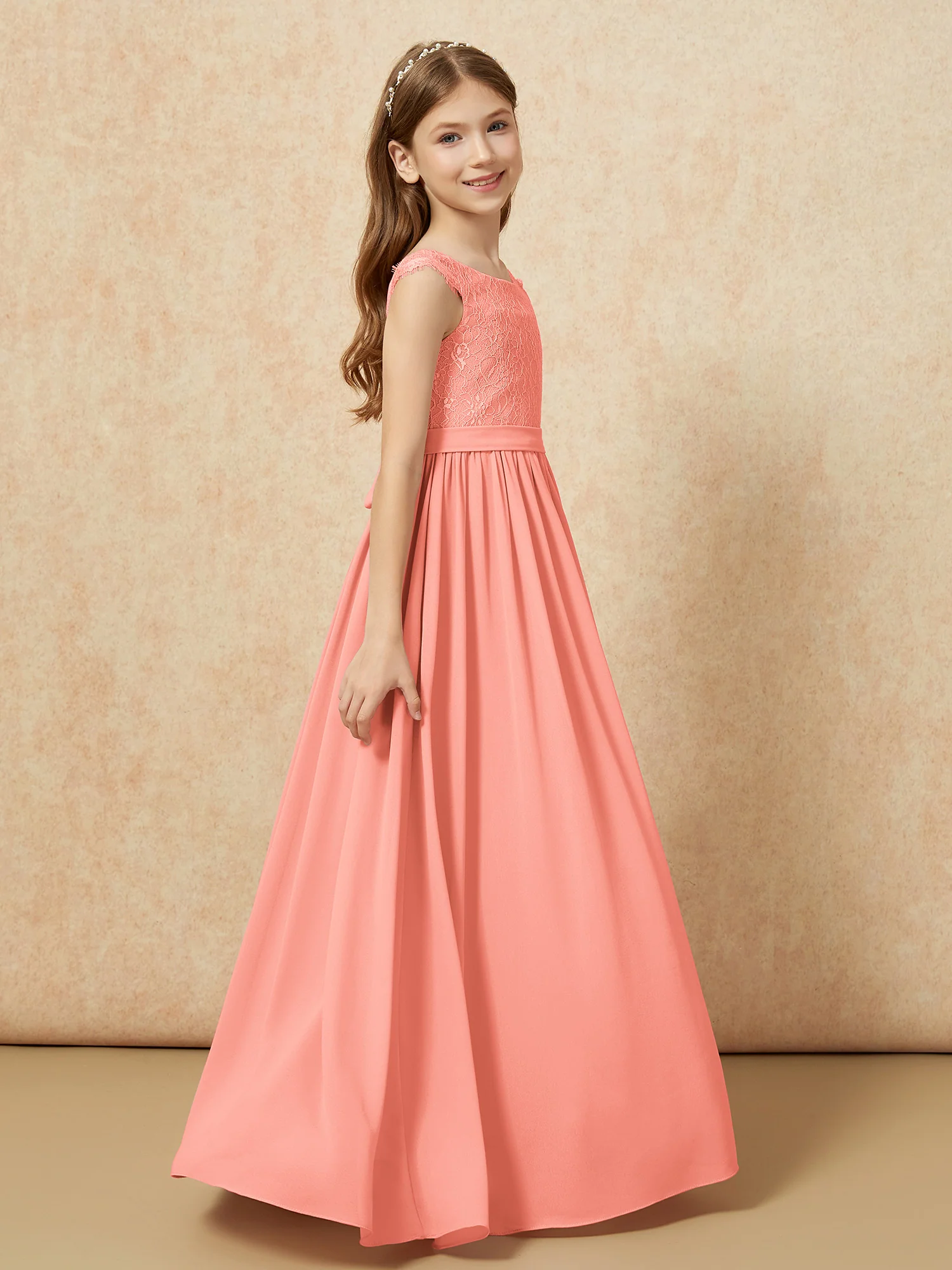 Cap Sleeve Lace Chiffon Junior Bridesmaid Dresses Sunset - Image 3