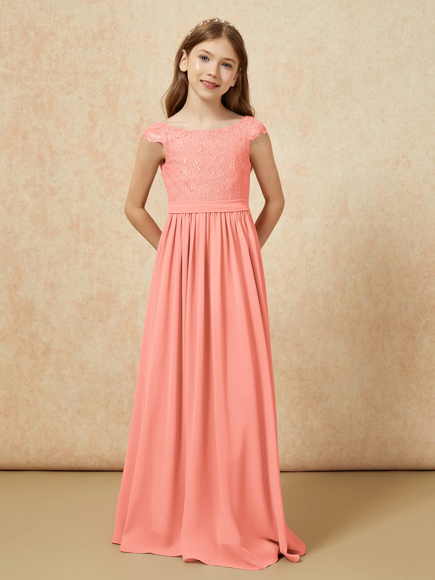 Cap Sleeve Lace Chiffon Junior Bridesmaid Dresses Sunset - Image 4