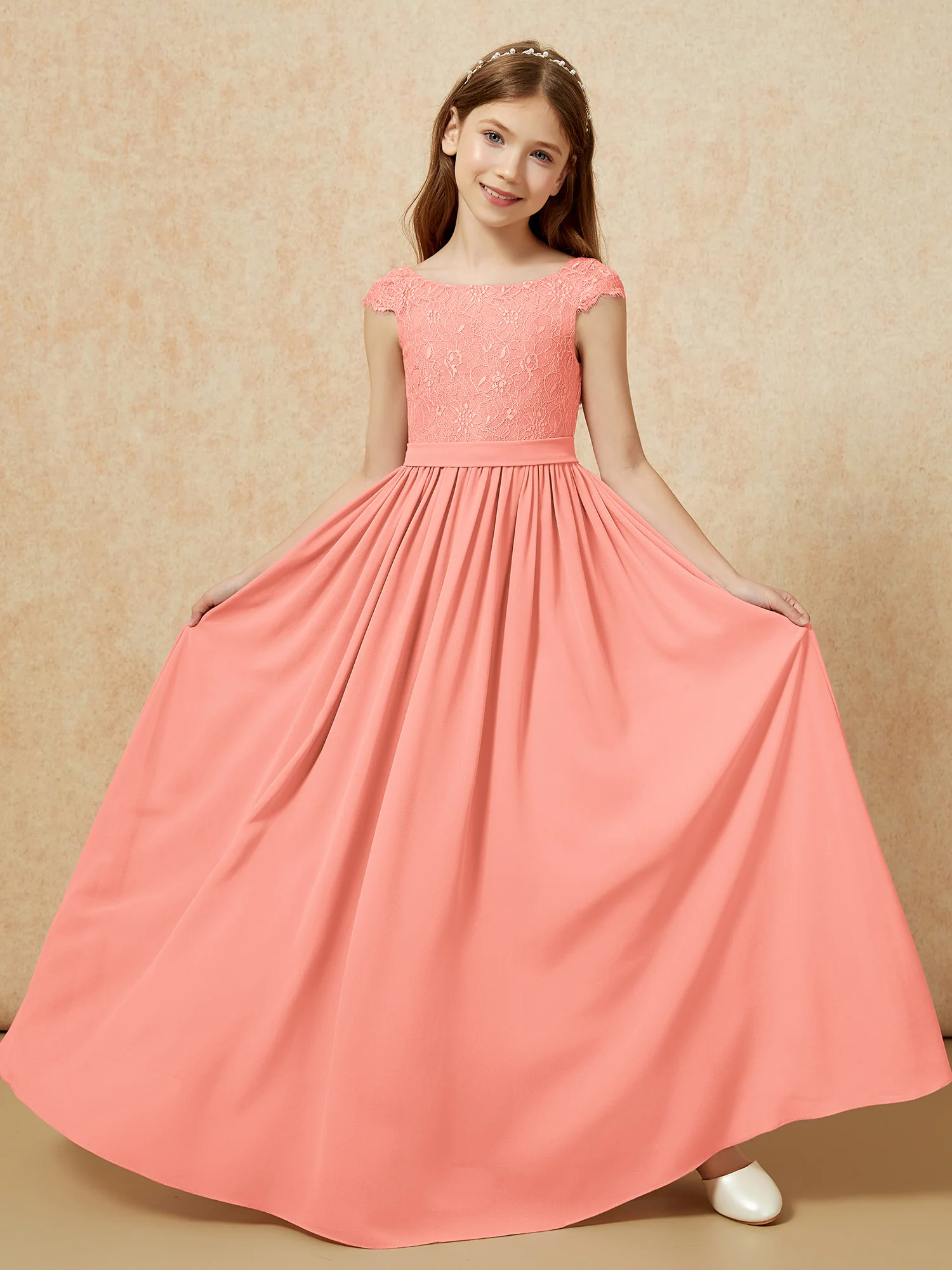 Cap Sleeve Lace Chiffon Junior Bridesmaid Dresses Sunset - Image 5
