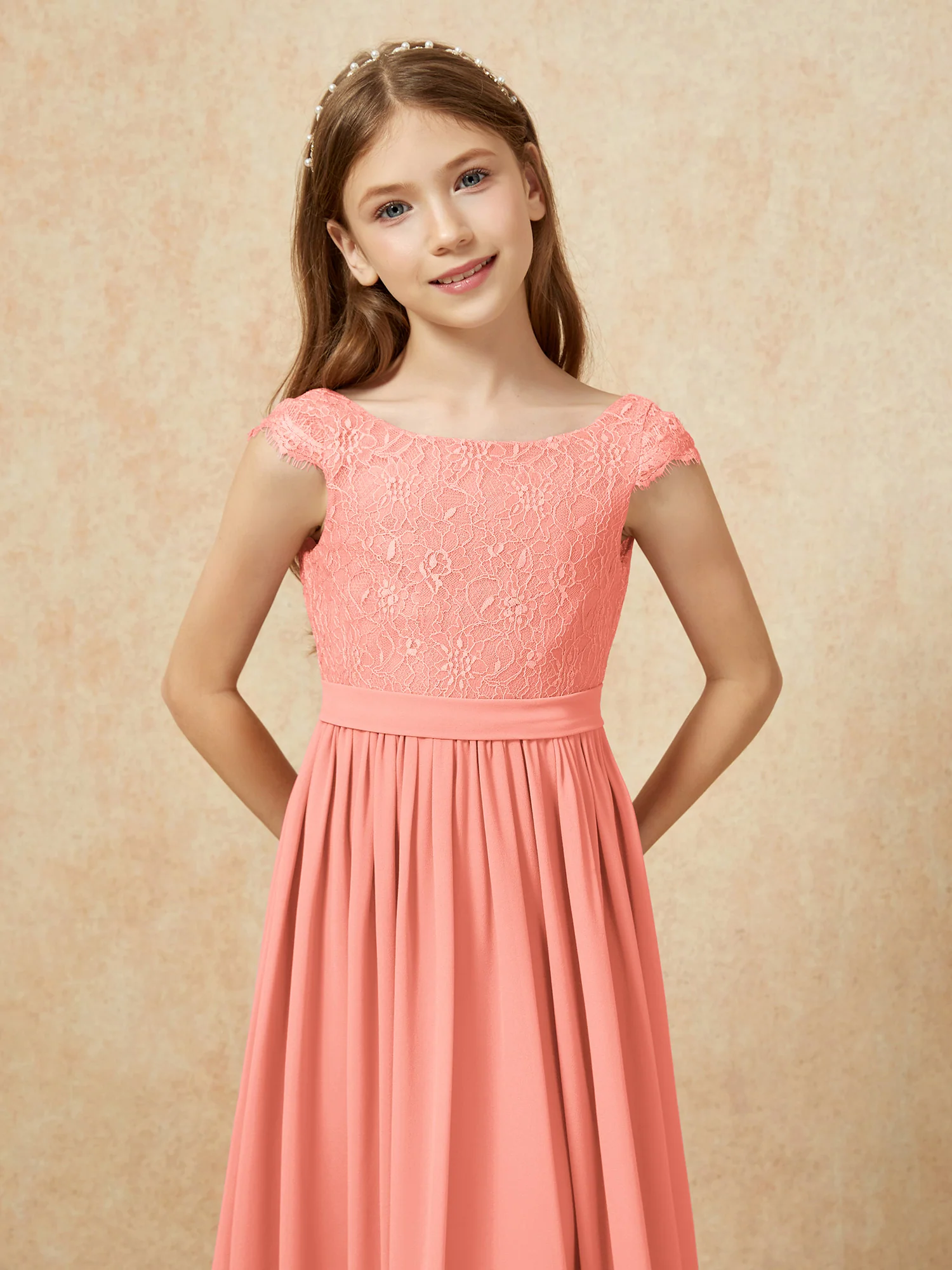 Cap Sleeve Lace Chiffon Junior Bridesmaid Dresses Sunset - Image 6