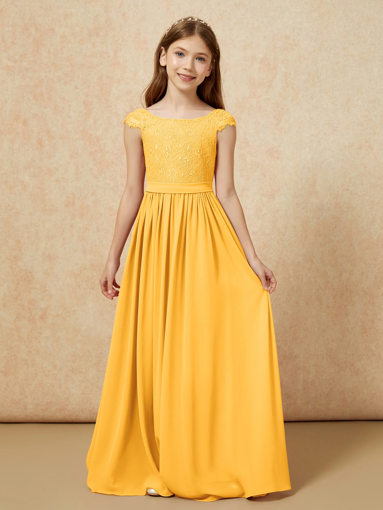 Cap Sleeve Lace Chiffon Junior Bridesmaid Dresses Tangerine