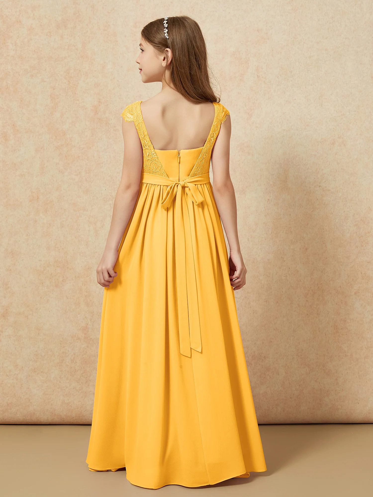 Cap Sleeve Lace Chiffon Junior Bridesmaid Dresses Tangerine - Image 2
