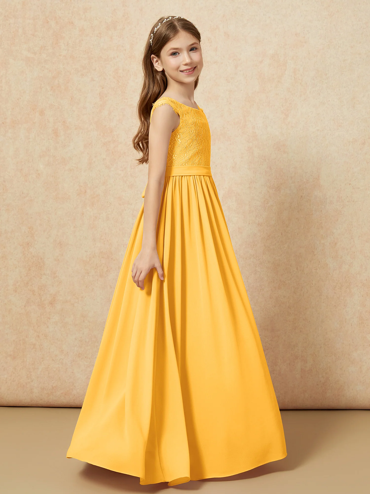 Cap Sleeve Lace Chiffon Junior Bridesmaid Dresses Tangerine - Image 3