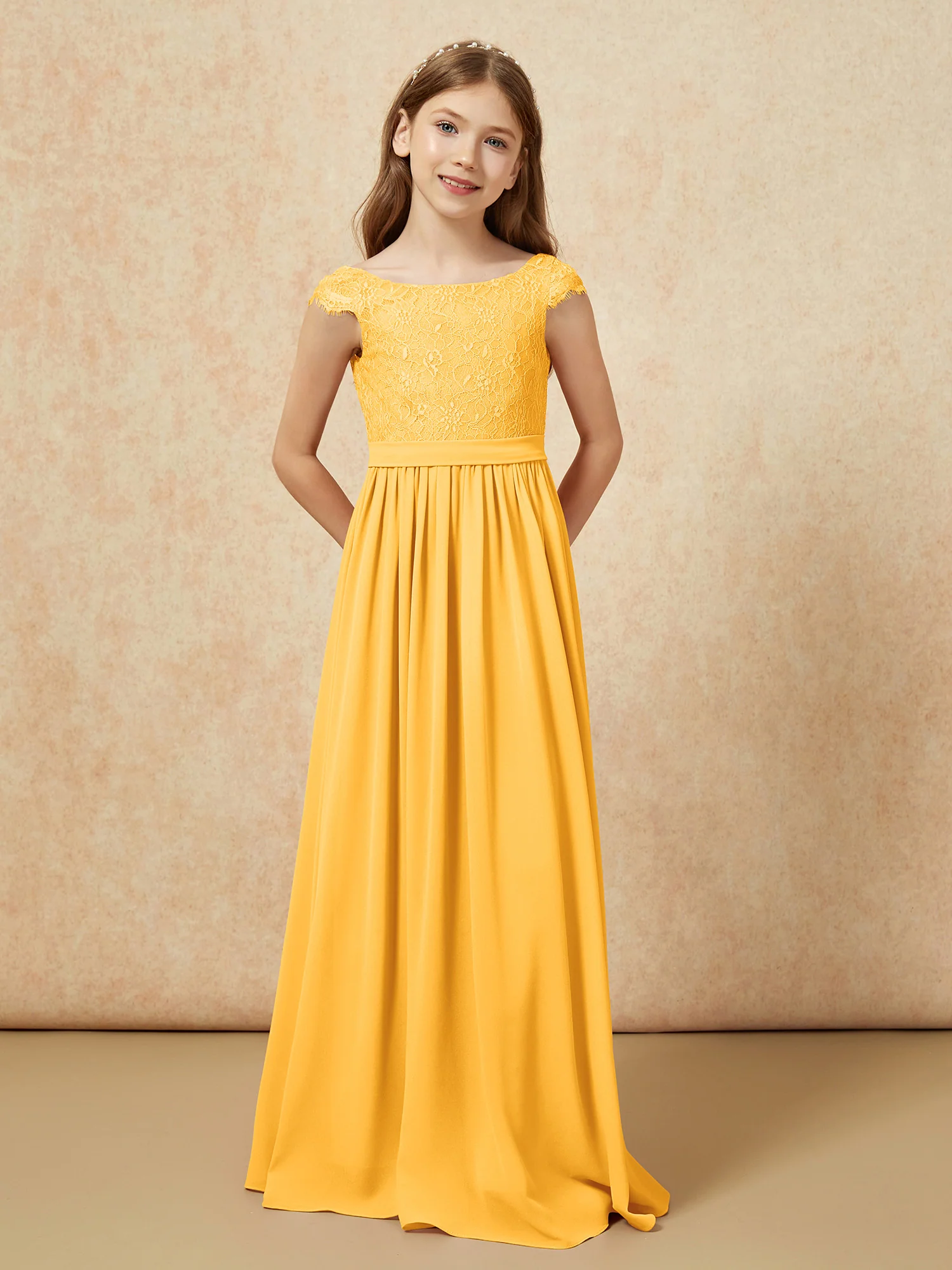 Cap Sleeve Lace Chiffon Junior Bridesmaid Dresses Tangerine - Image 4