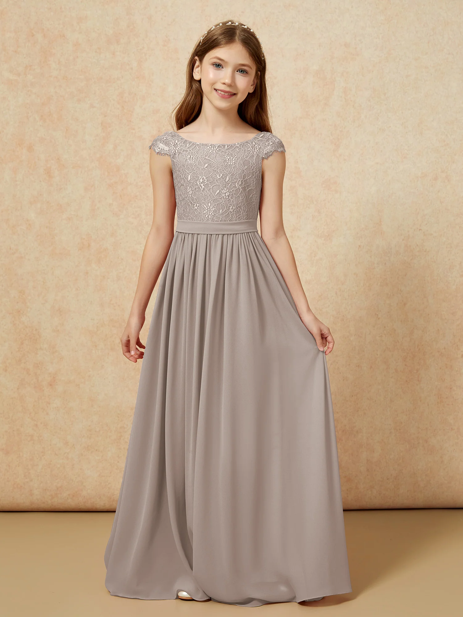 Cap Sleeve Lace Chiffon Junior Bridesmaid Dresses Taupe