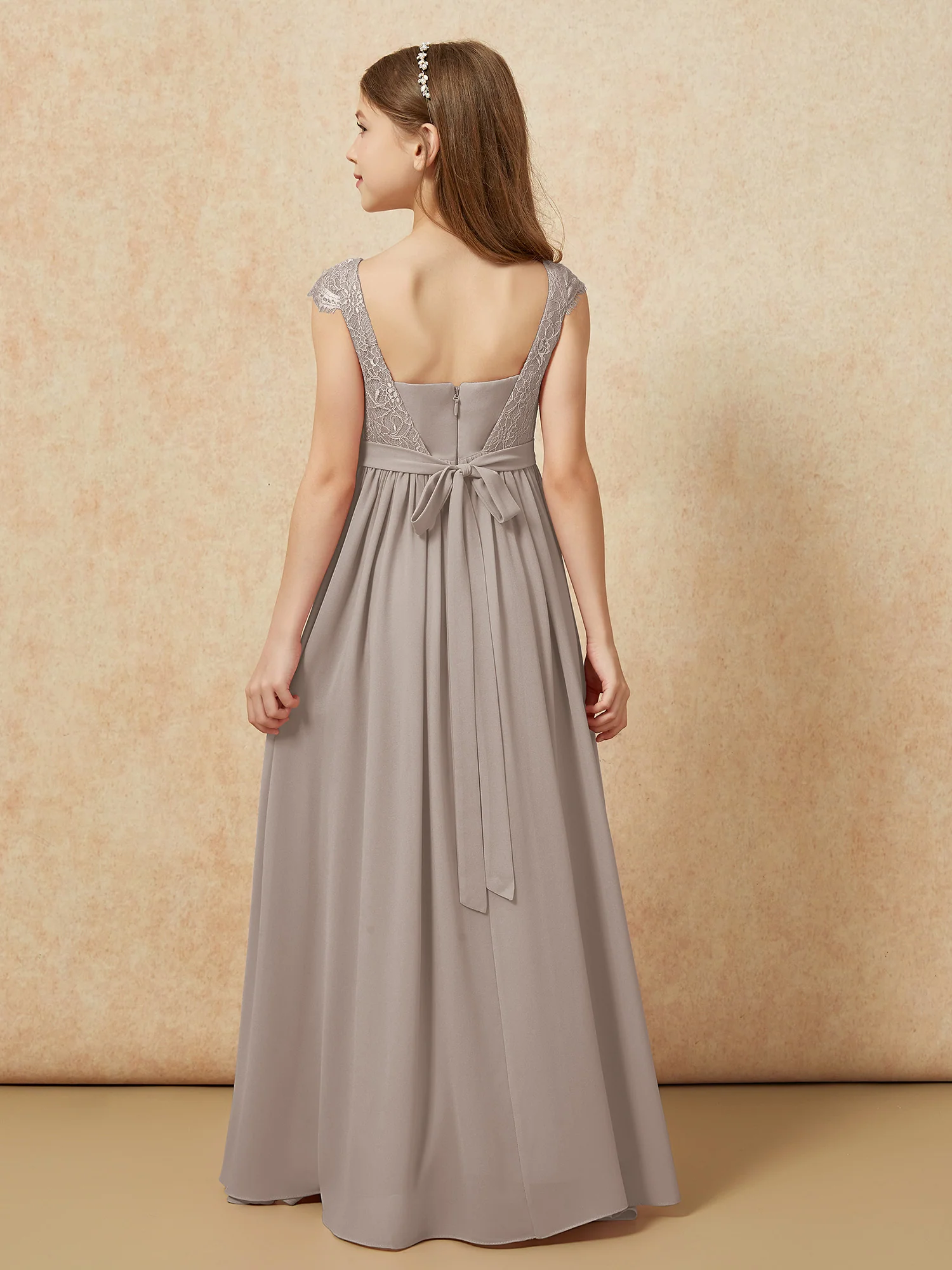 Cap Sleeve Lace Chiffon Junior Bridesmaid Dresses Taupe - Image 2