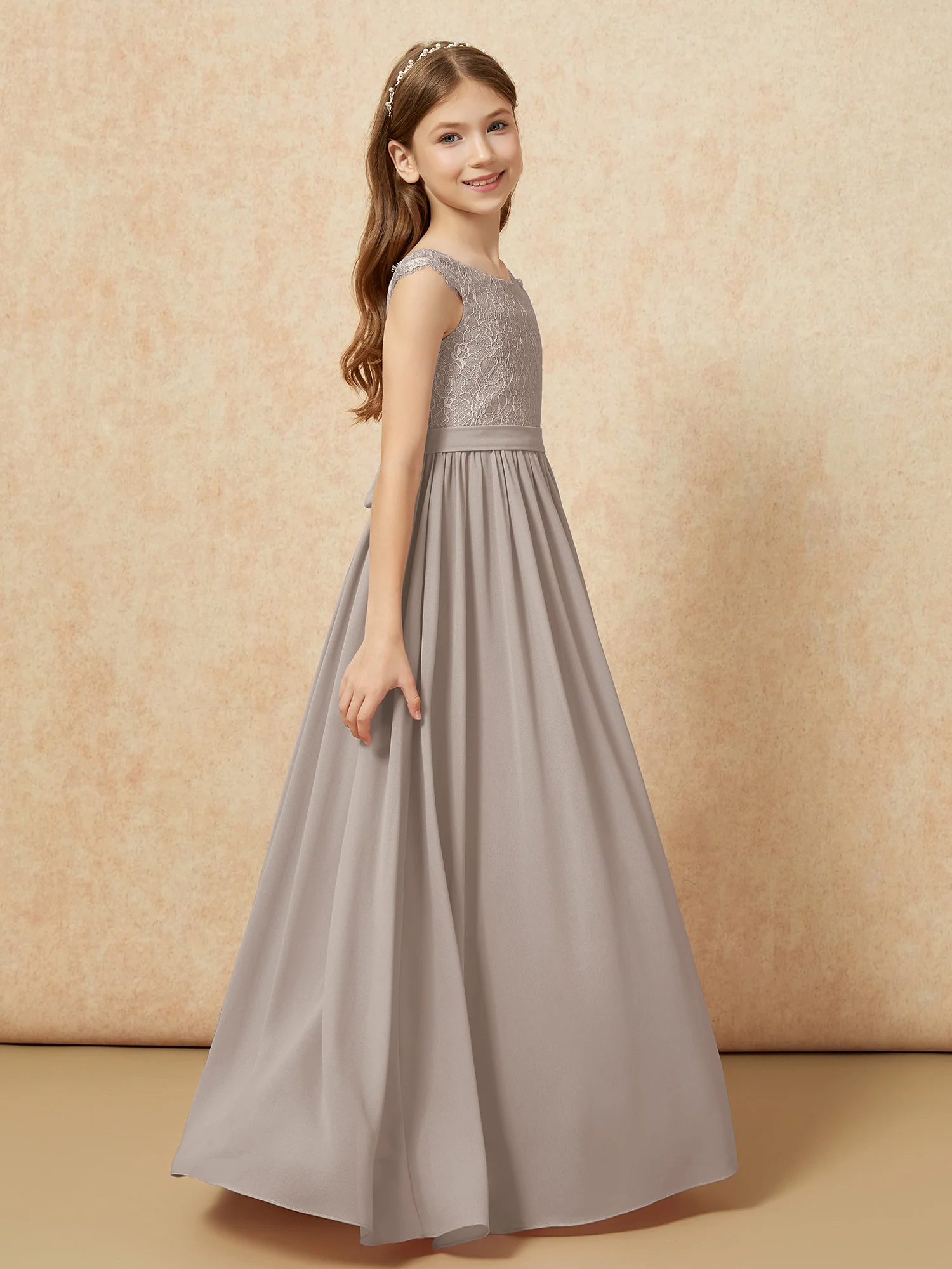 Cap Sleeve Lace Chiffon Junior Bridesmaid Dresses Taupe - Image 3