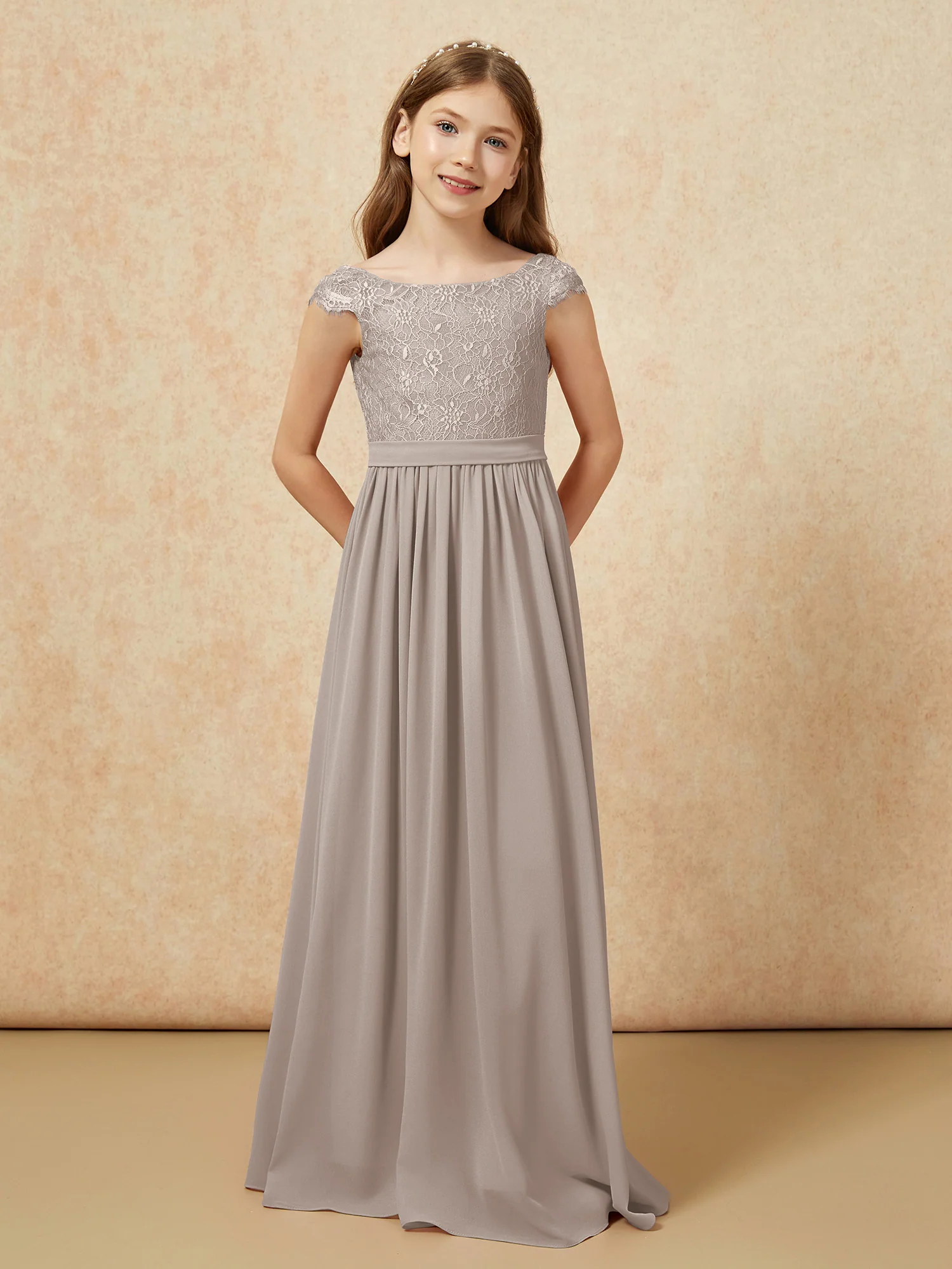 Cap Sleeve Lace Chiffon Junior Bridesmaid Dresses Taupe - Image 4