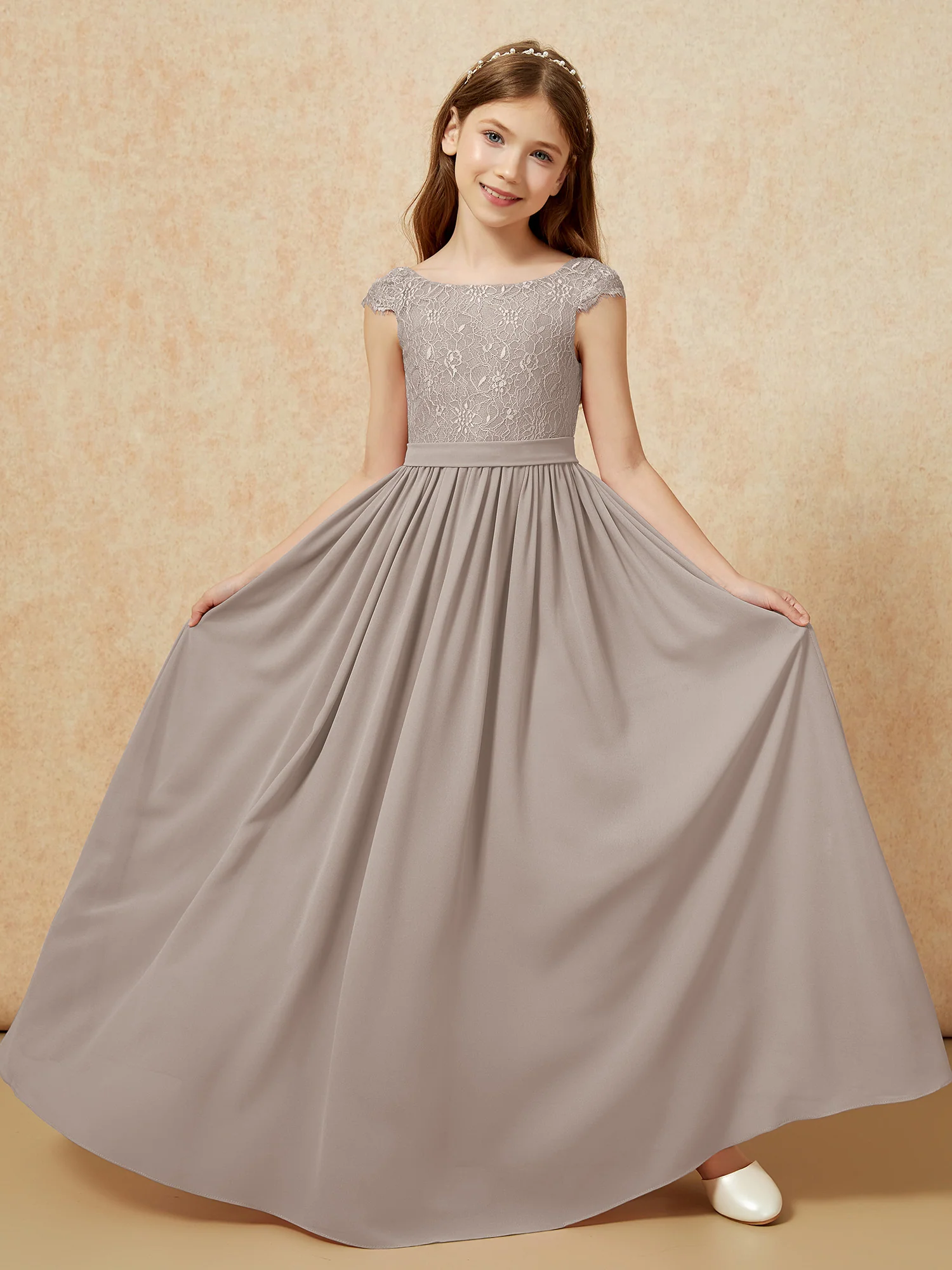Cap Sleeve Lace Chiffon Junior Bridesmaid Dresses Taupe - Image 5