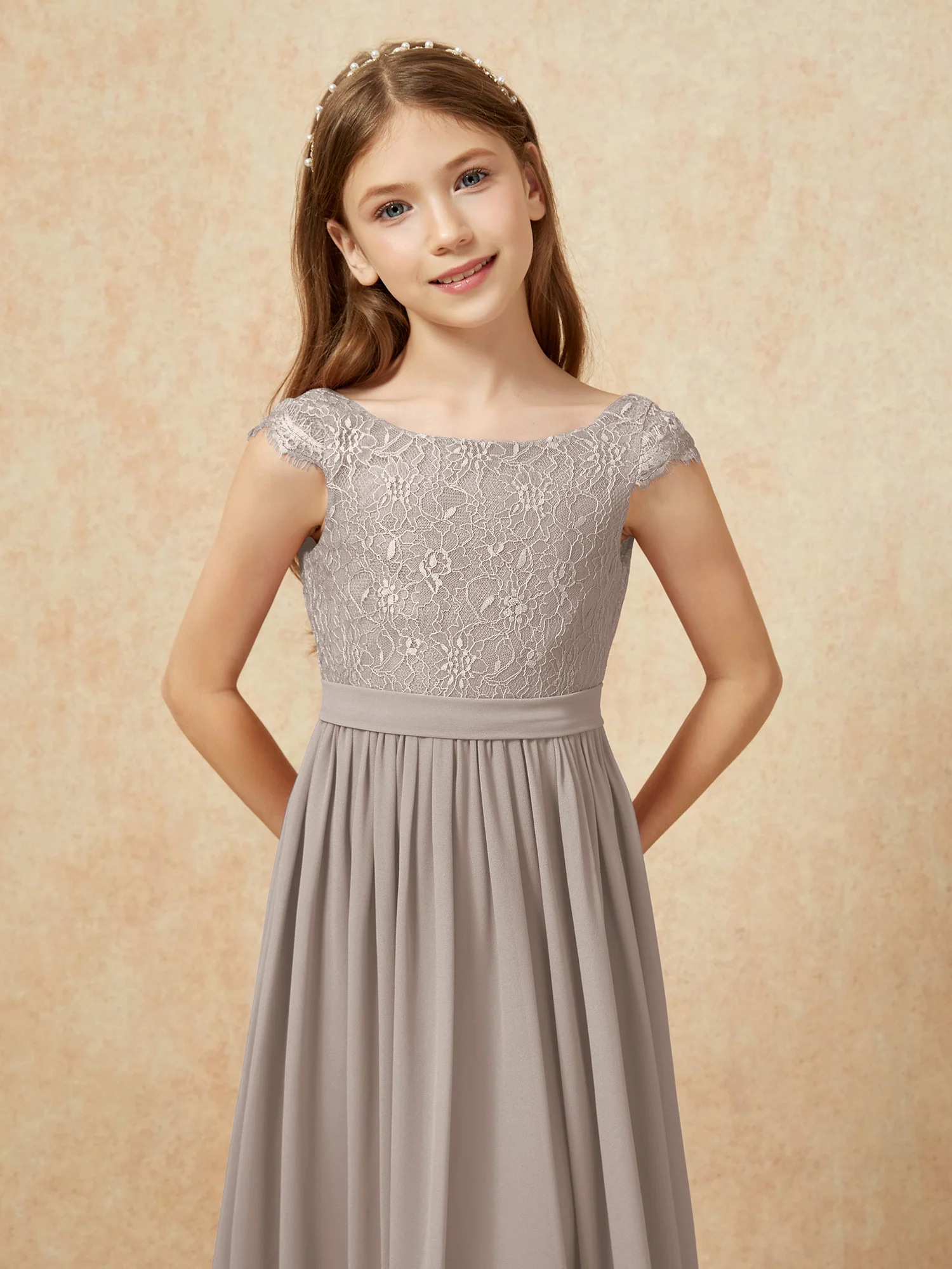 Cap Sleeve Lace Chiffon Junior Bridesmaid Dresses Taupe - Image 6