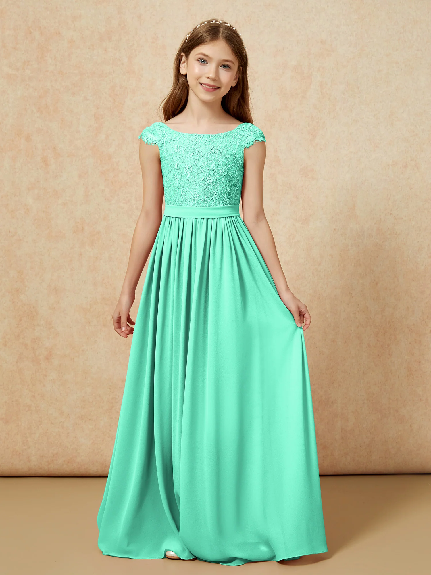 Cap Sleeve Lace Chiffon Junior Bridesmaid Dresses Turquoise