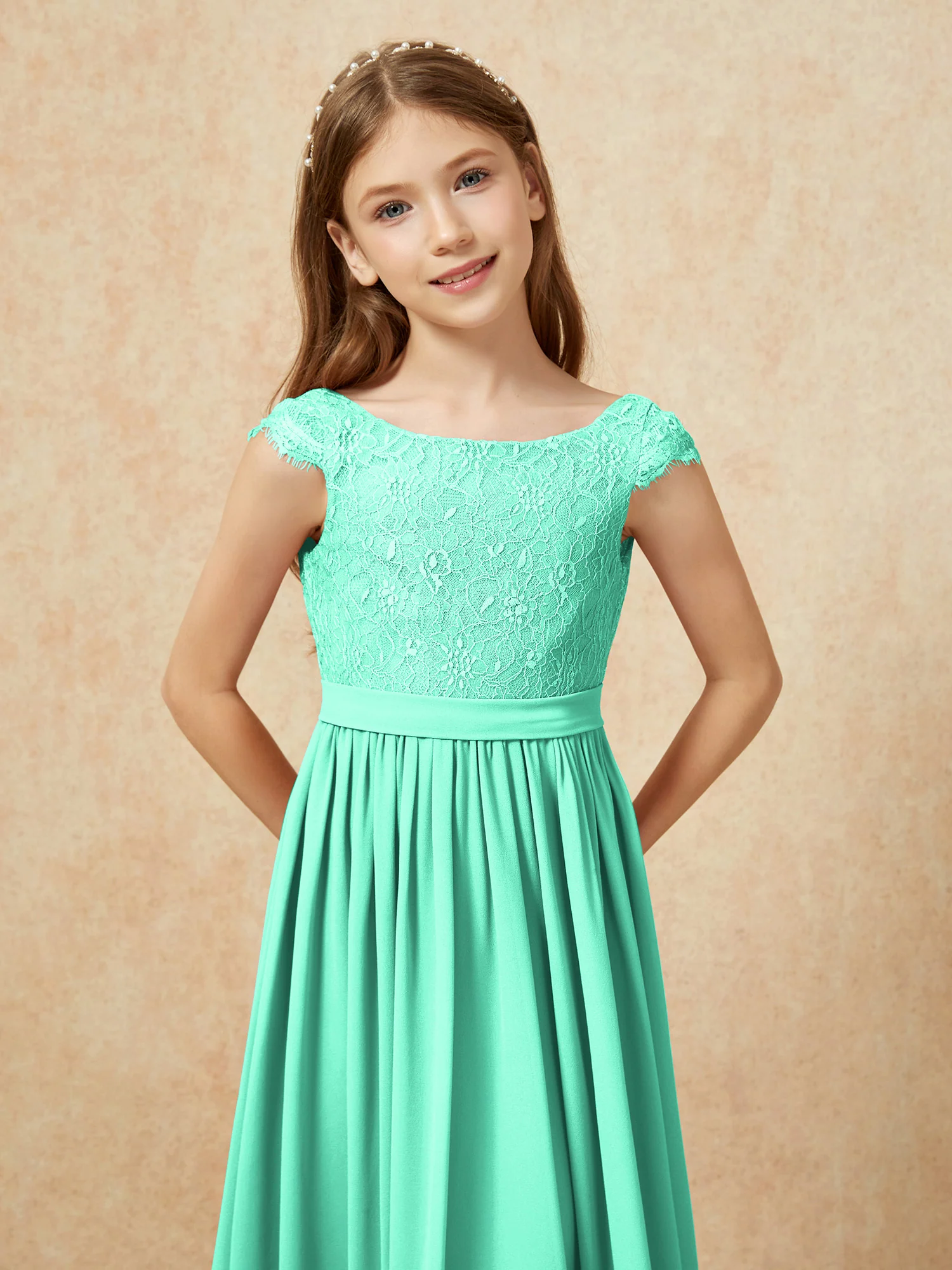 Cap Sleeve Lace Chiffon Junior Bridesmaid Dresses Turquoise - Image 6