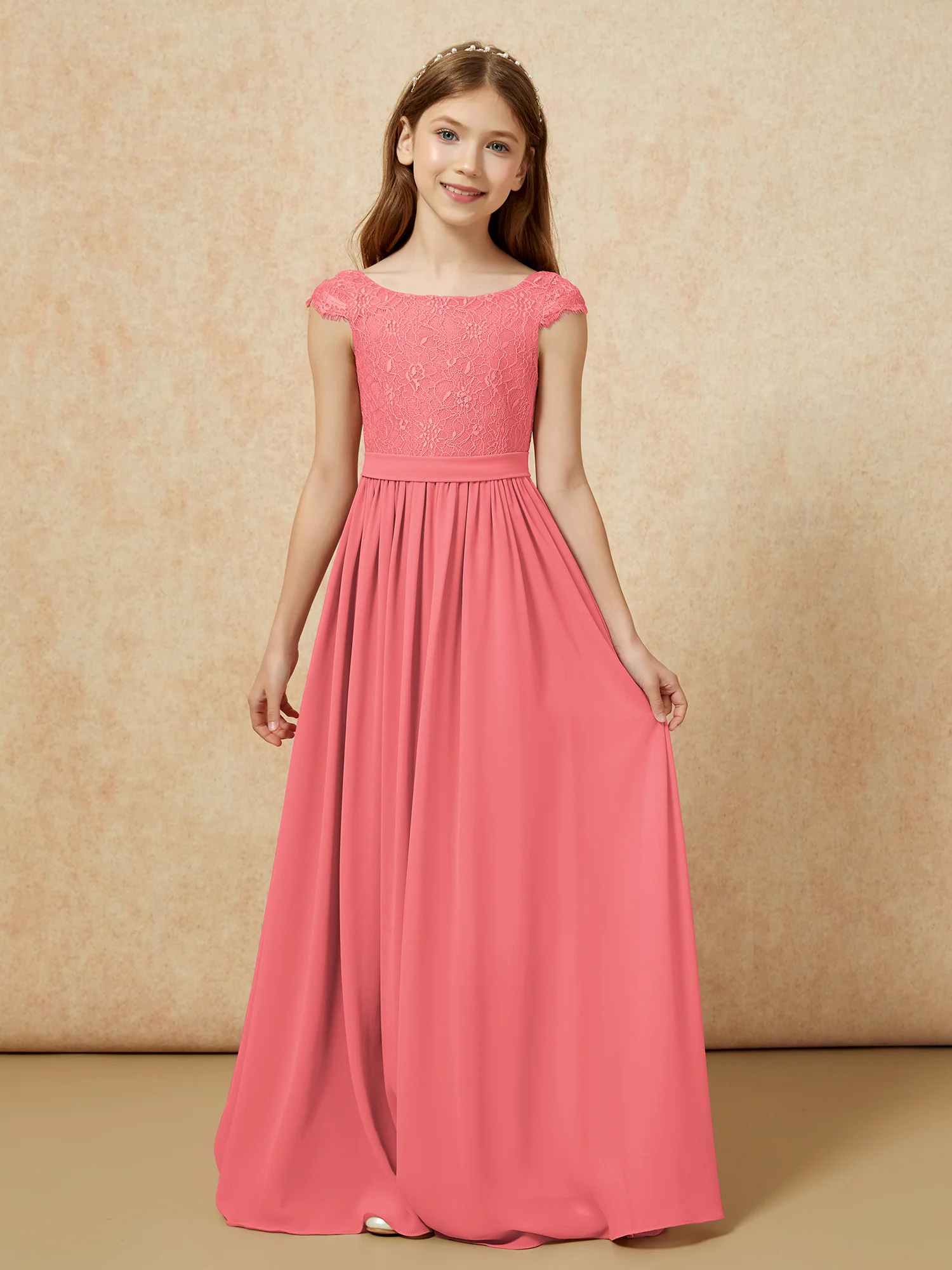 Cap Sleeve Lace Chiffon Junior Bridesmaid Dresses Watermelon