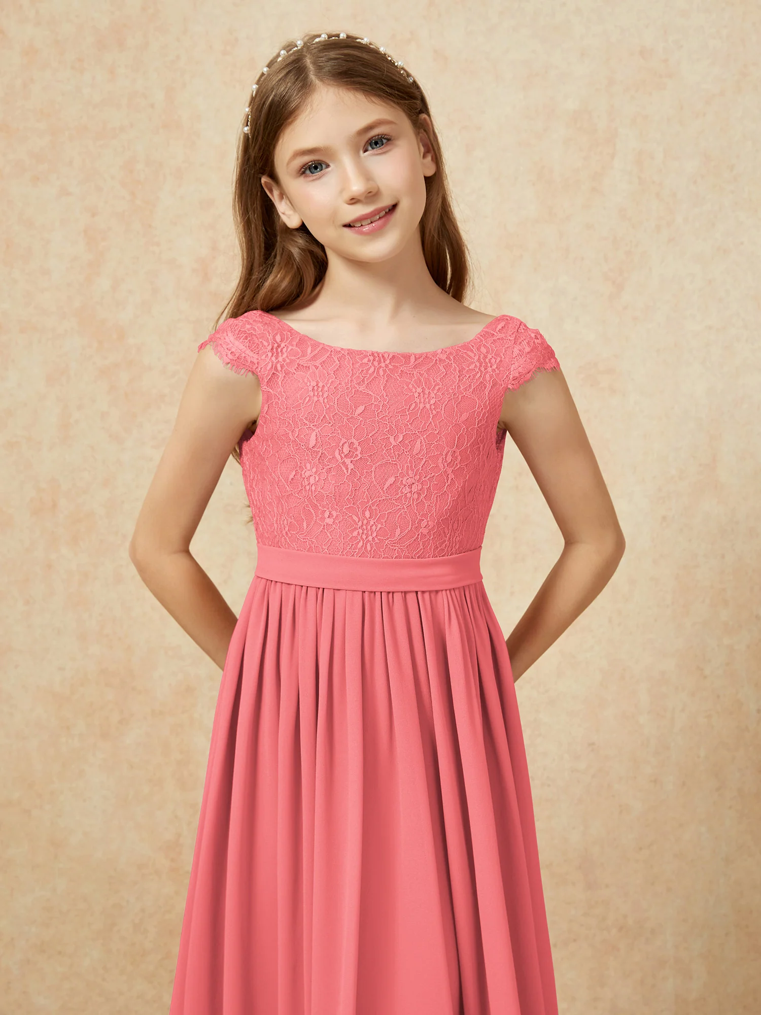 Cap Sleeve Lace Chiffon Junior Bridesmaid Dresses Watermelon - Image 6