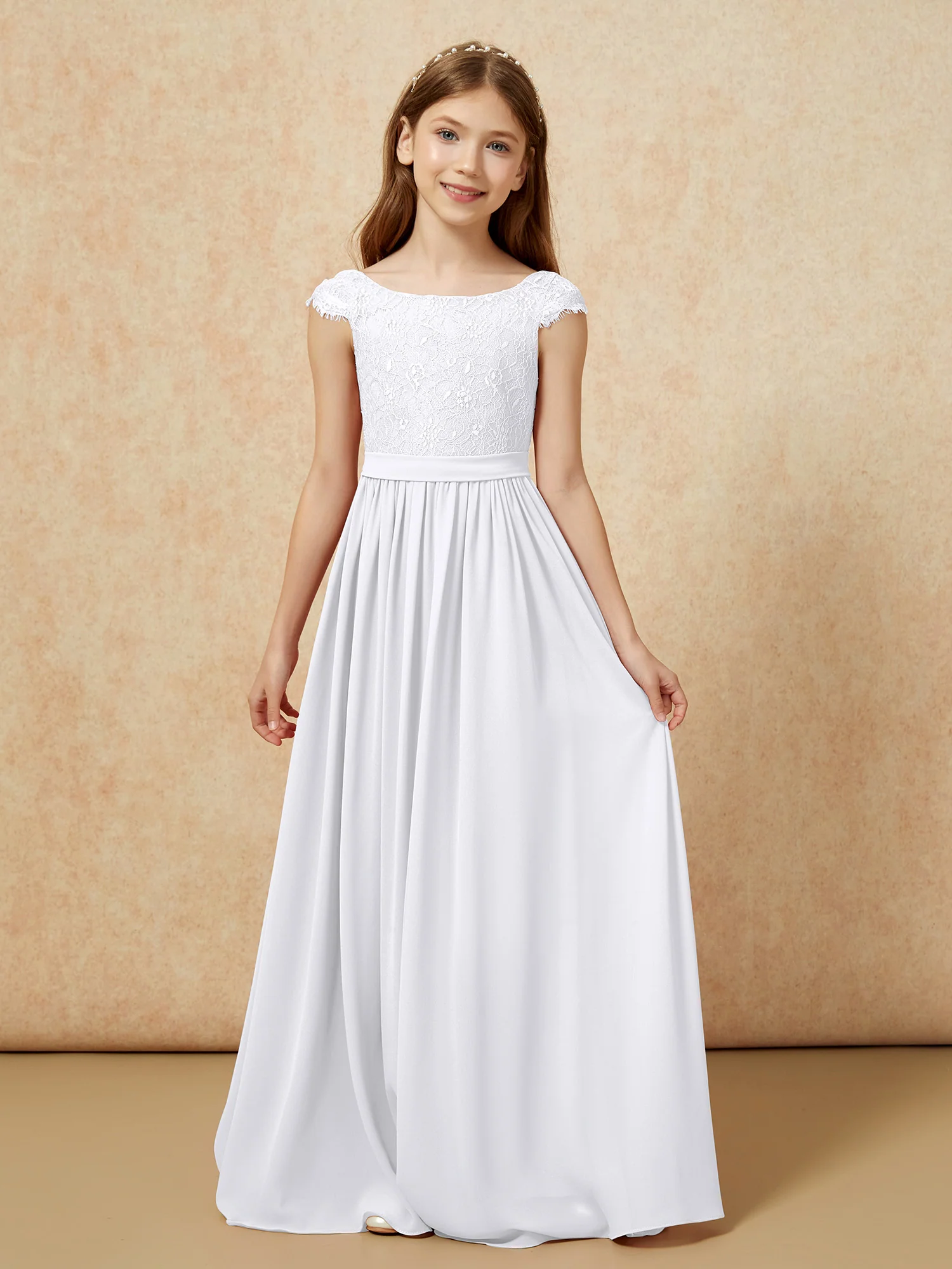 Cap Sleeve Lace Chiffon Junior Bridesmaid Dresses White