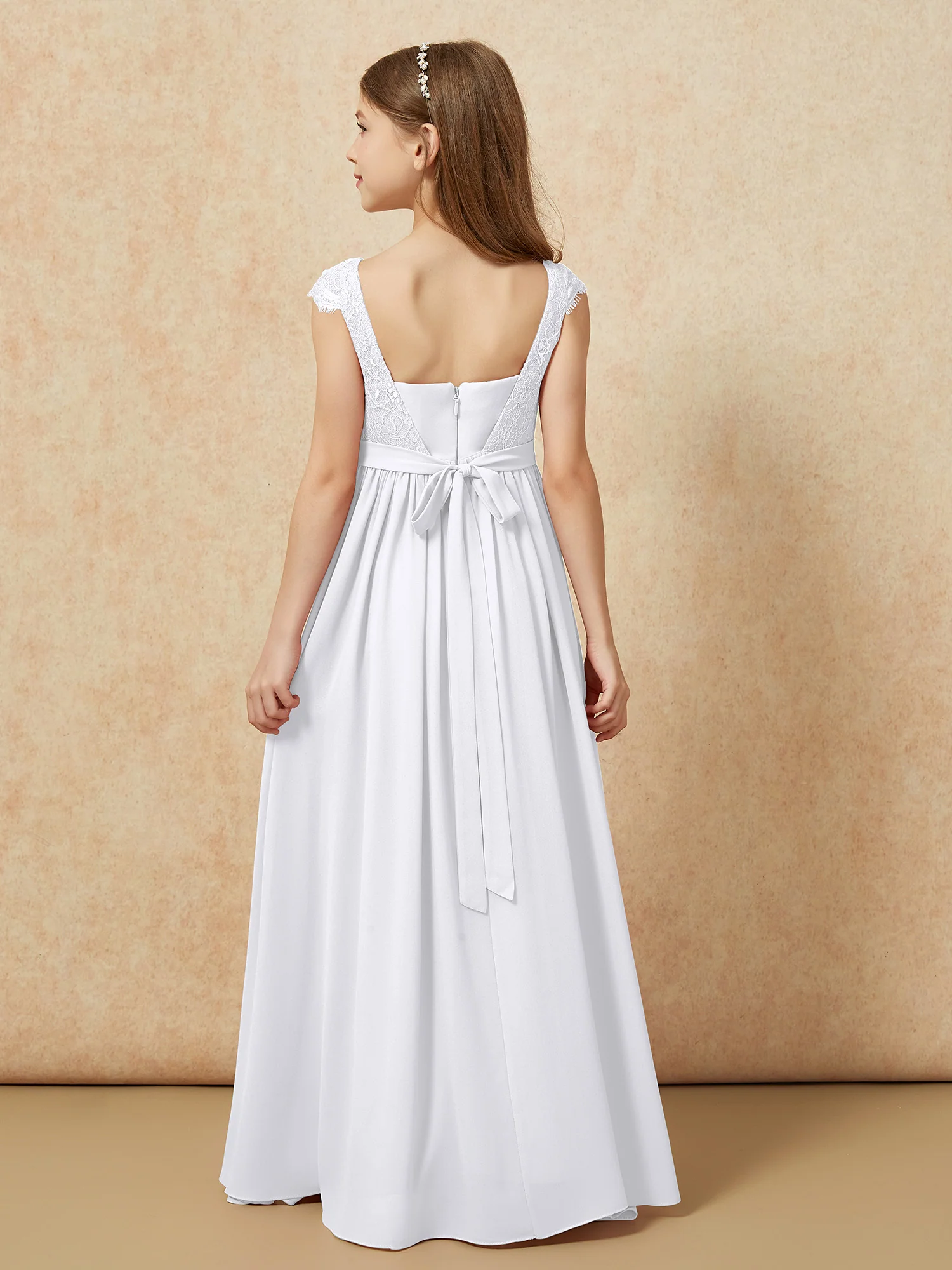 Cap Sleeve Lace Chiffon Junior Bridesmaid Dresses White - Image 2