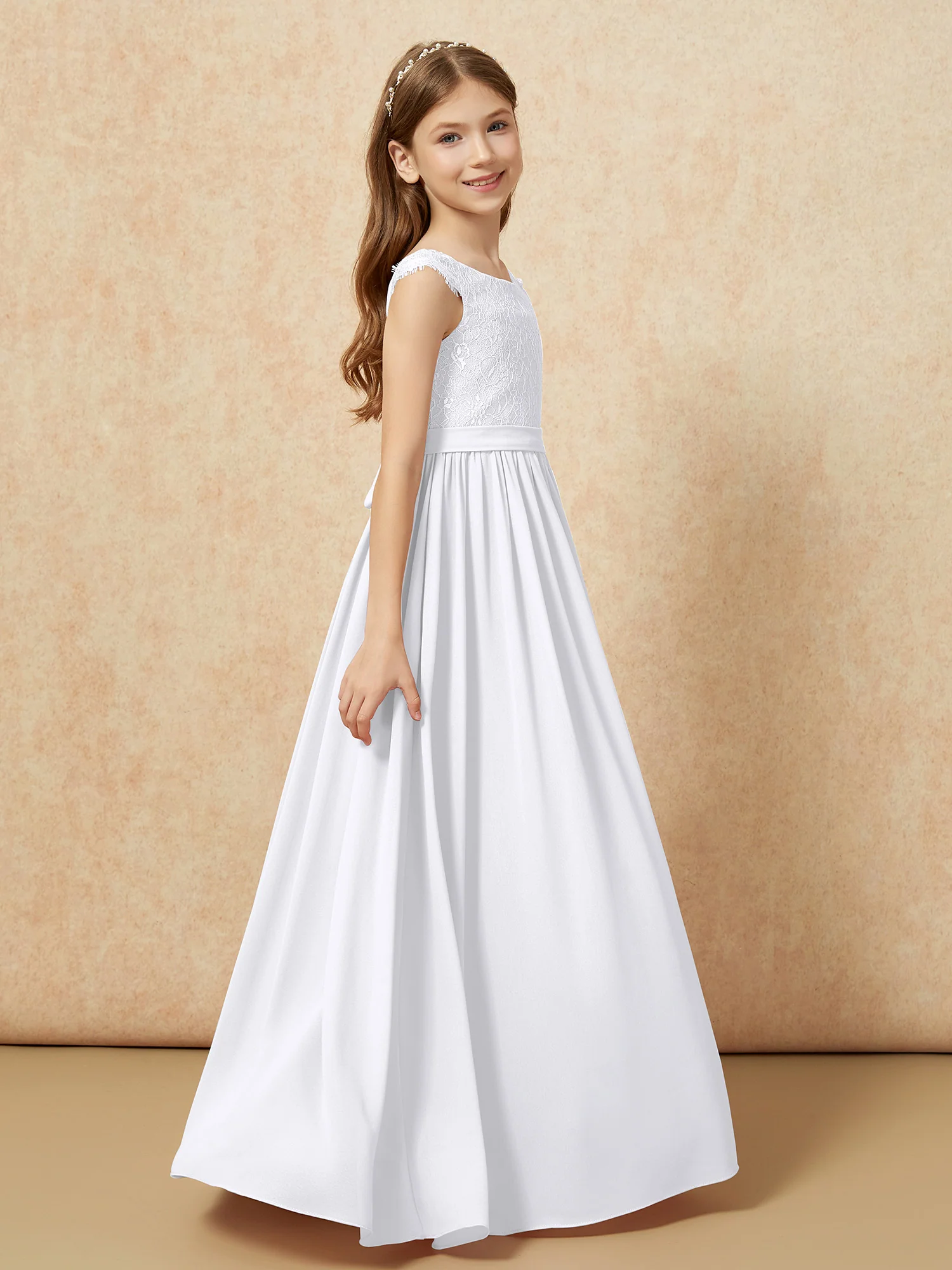 Cap Sleeve Lace Chiffon Junior Bridesmaid Dresses White - Image 3