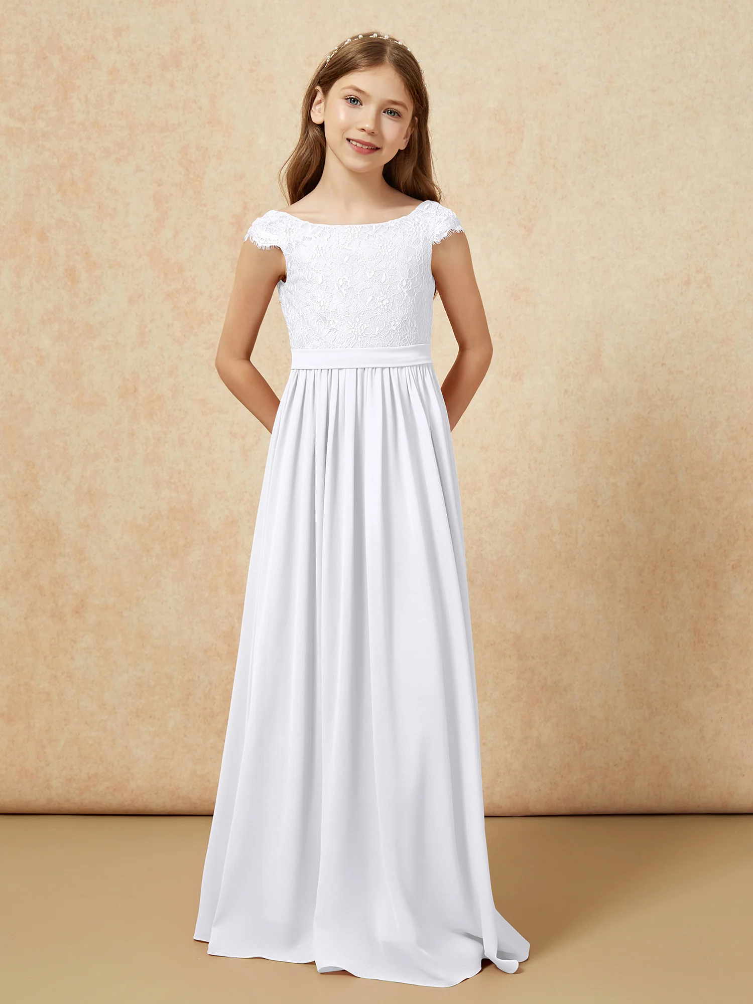 Cap Sleeve Lace Chiffon Junior Bridesmaid Dresses White - Image 4