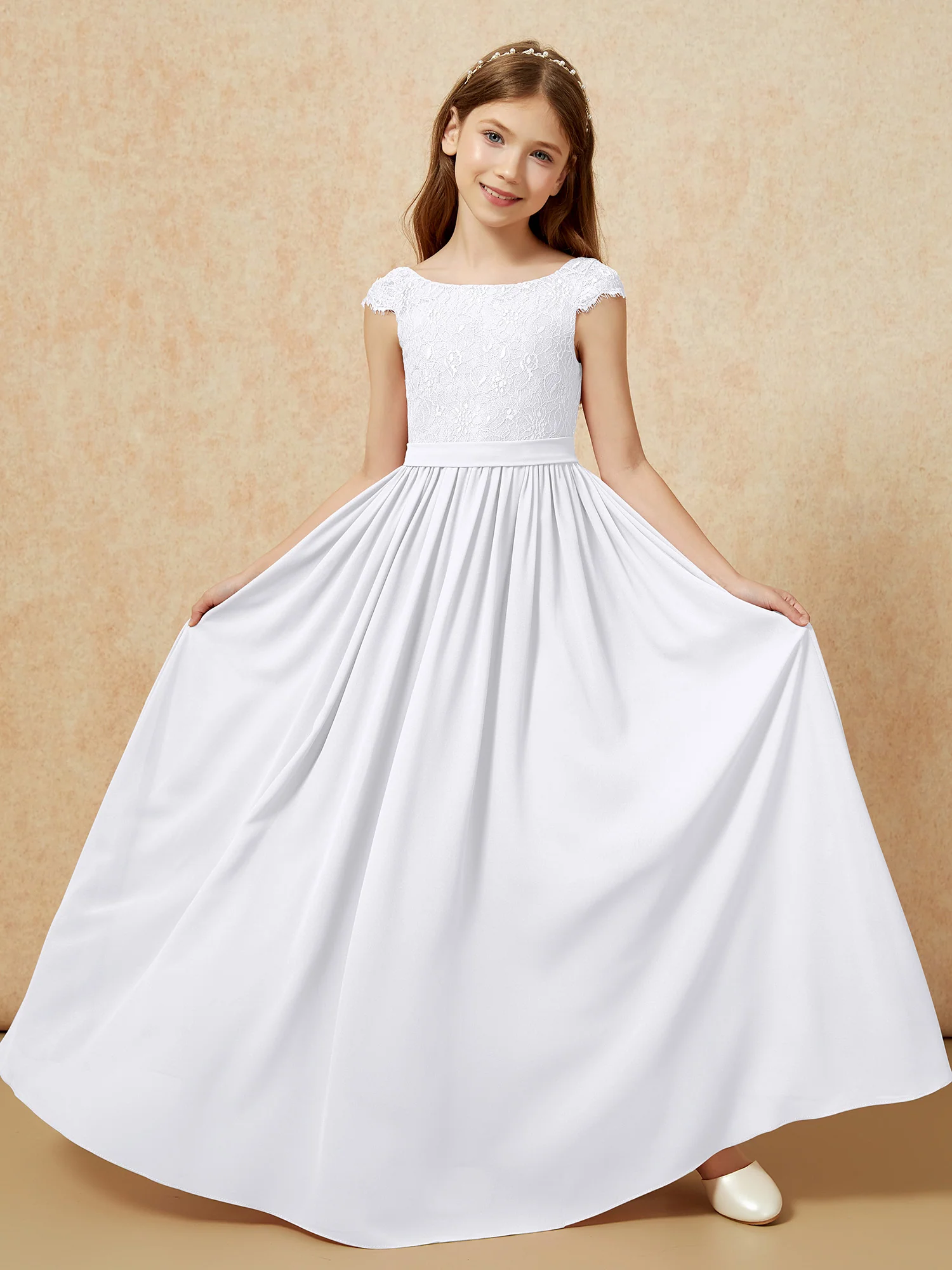 Cap Sleeve Lace Chiffon Junior Bridesmaid Dresses White - Image 5