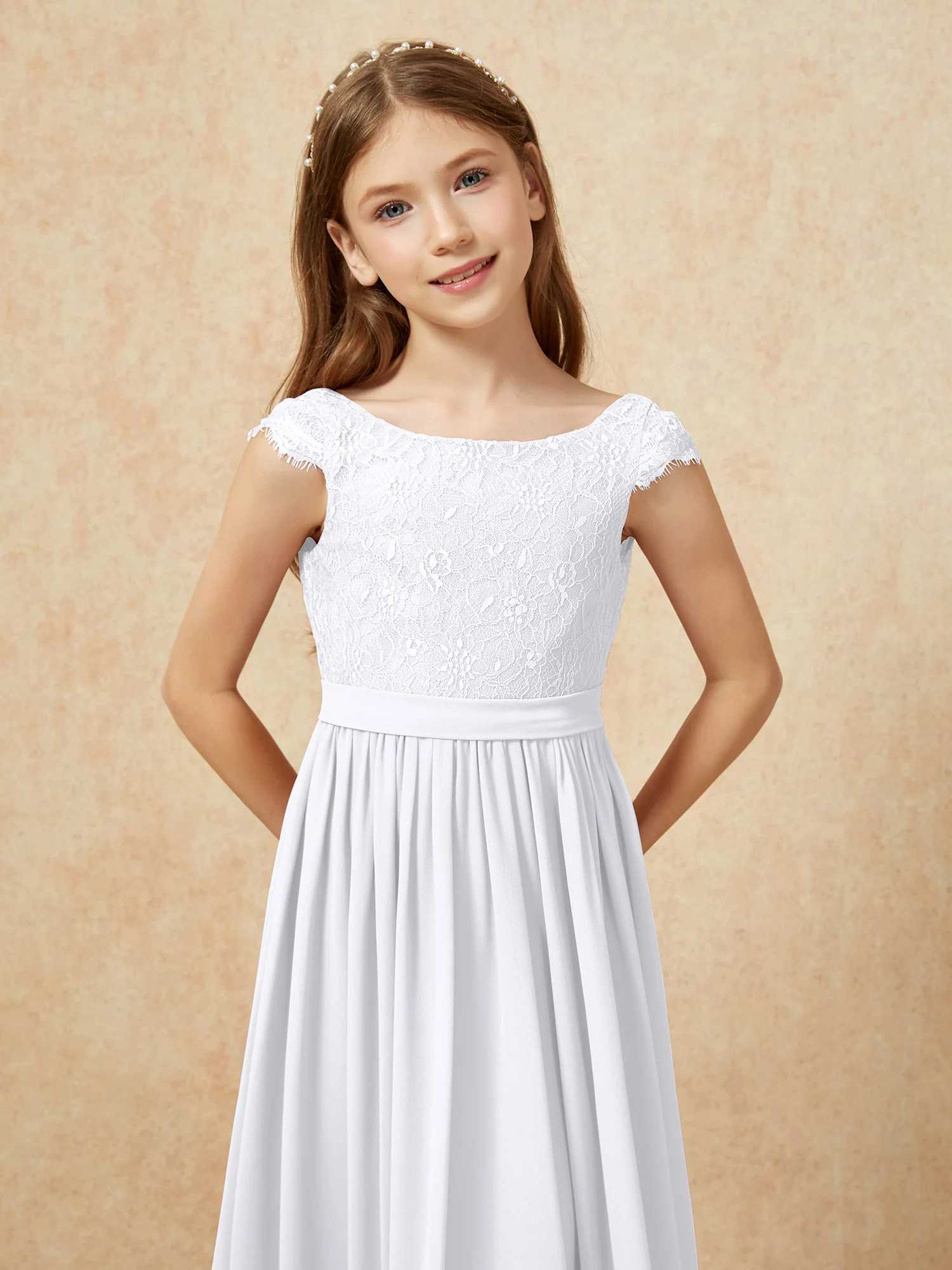 Cap Sleeve Lace Chiffon Junior Bridesmaid Dresses White - Image 6