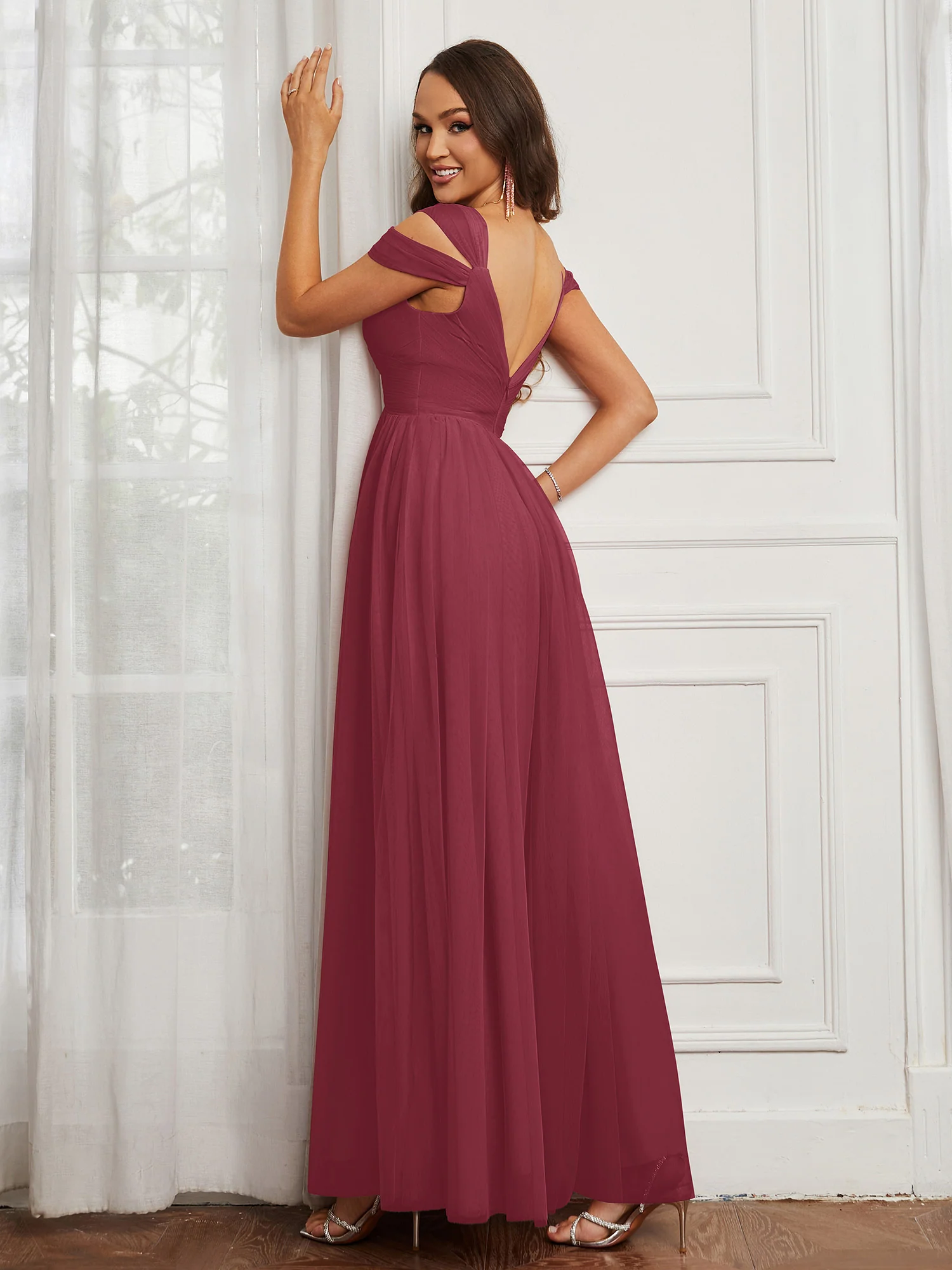 Cap Sleeve Tulle Ruched Floor-length Dress Cinnamon Rose Plus Size - Image 2