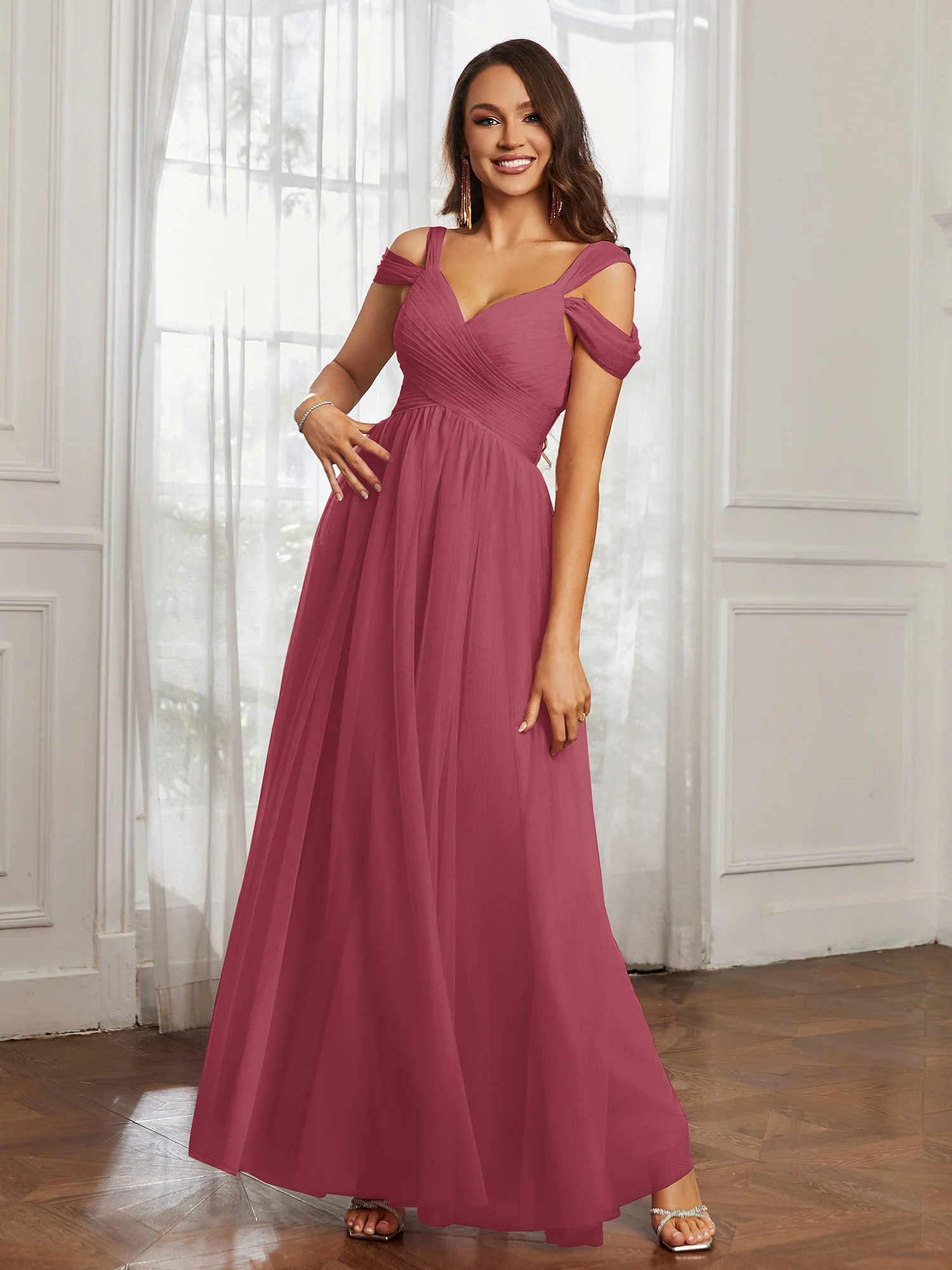 Cap Sleeve Tulle Ruched Floor-length Dress Cinnamon Rose Plus Size - Image 3