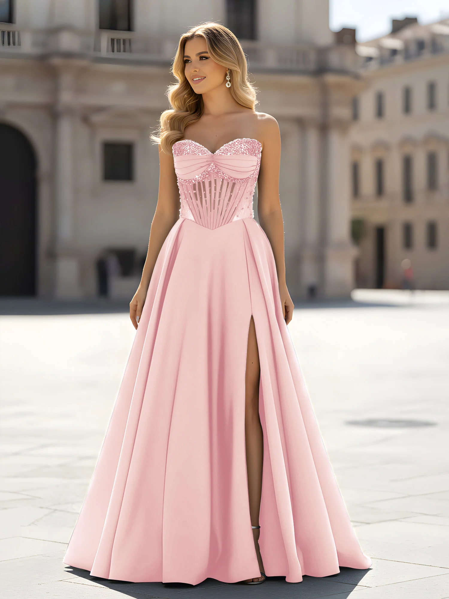 Sequin Sweetheart Bodice A-Line Gown with Slit Blushing Pink