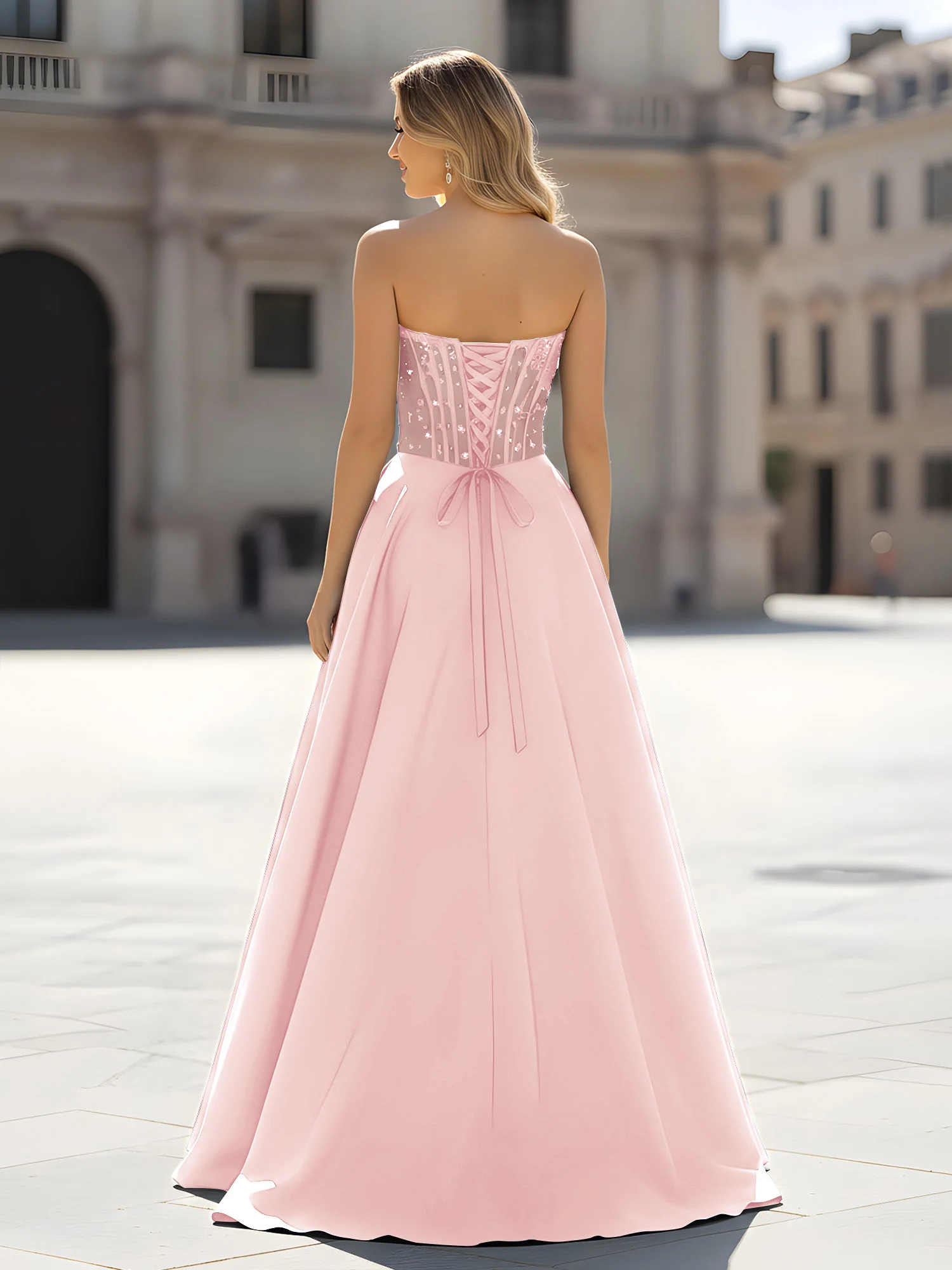 Sequin Sweetheart Bodice A-Line Gown with Slit Blushing Pink - Image 2