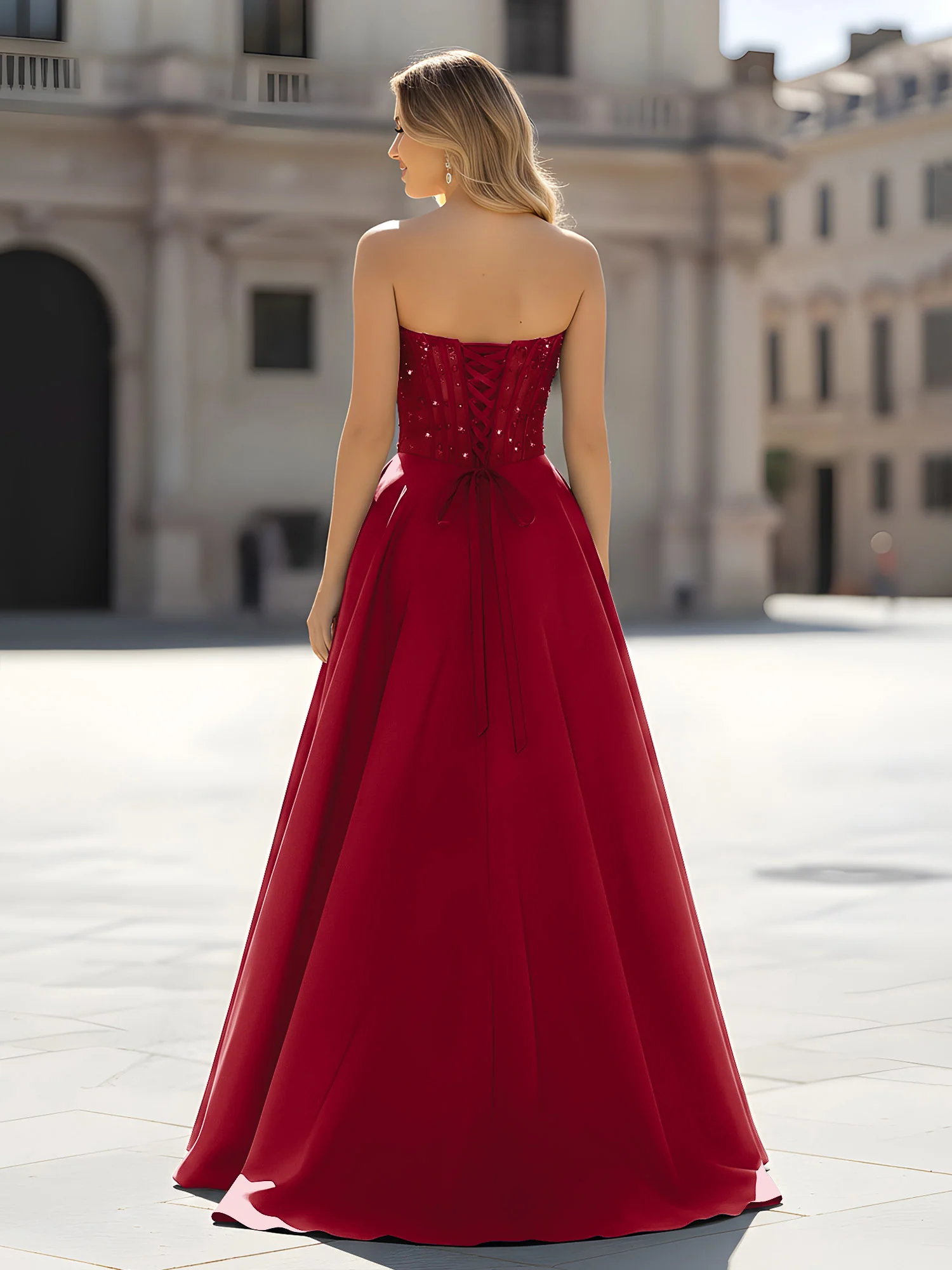 Sequin Sweetheart Bodice A-Line Gown with Slit Burgundy - Image 2