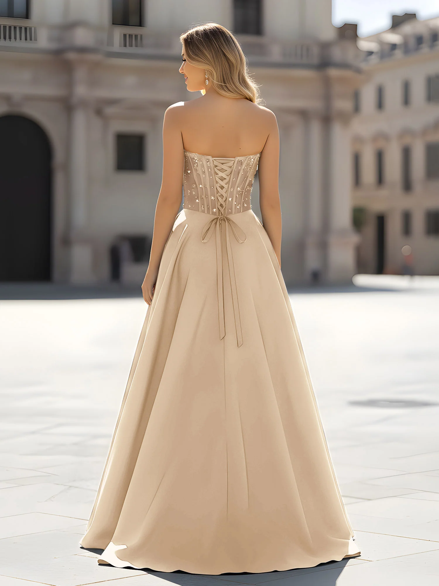 Sequin Sweetheart Bodice A-Line Gown with Slit Champagne - Image 2