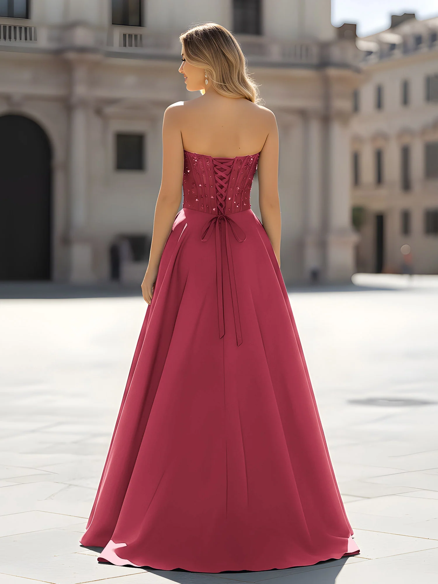 Sequin Sweetheart Bodice A-Line Gown with Slit Cinnamon Rose - Image 2