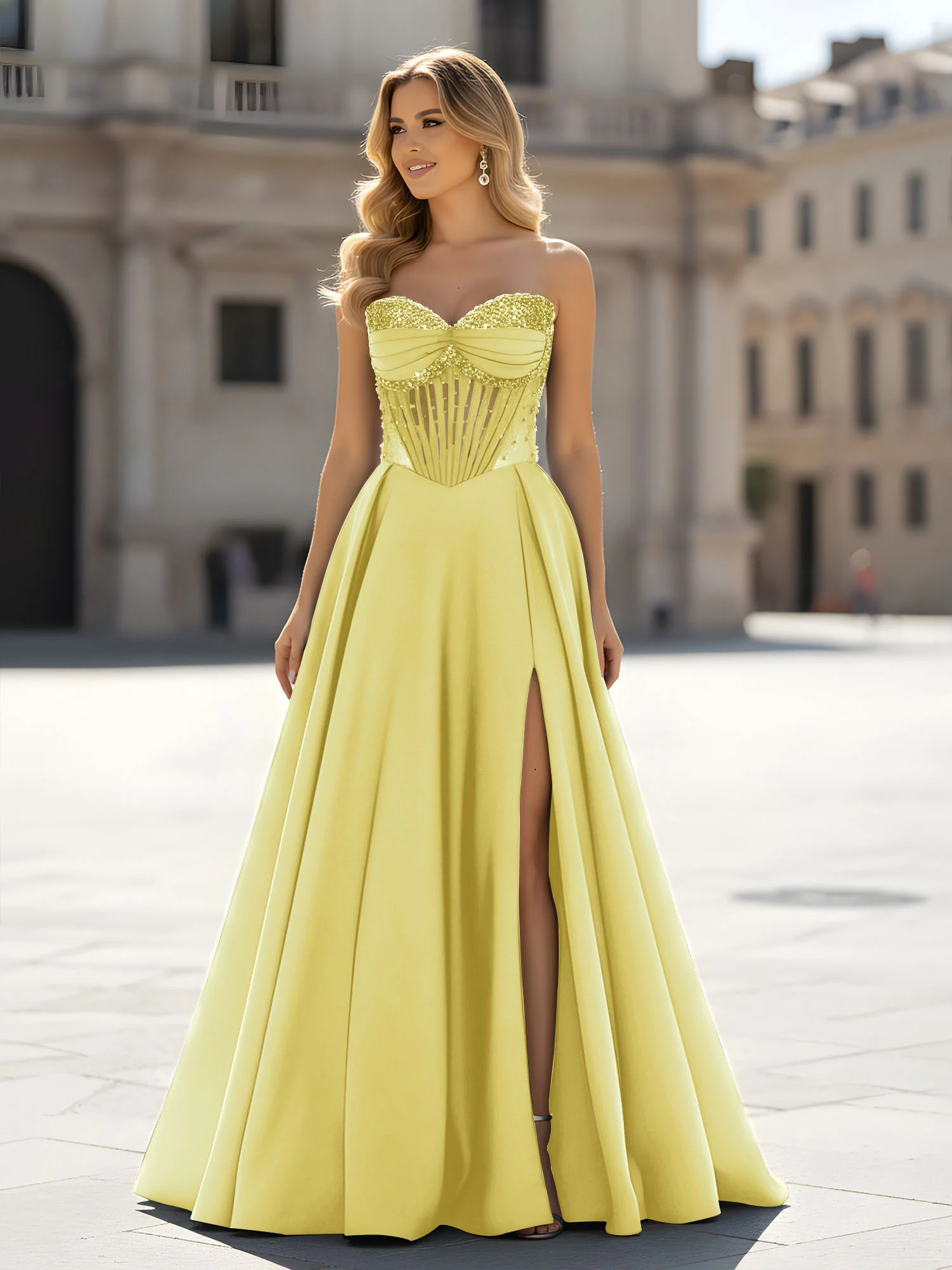 Sequin Sweetheart Bodice A-Line Gown with Slit Daffodil