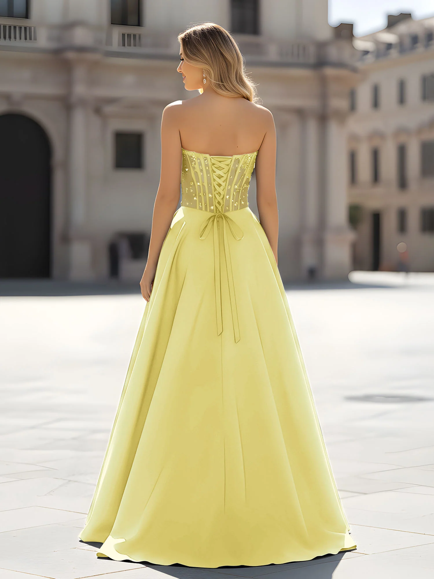 Sequin Sweetheart Bodice A-Line Gown with Slit Daffodil - Image 2