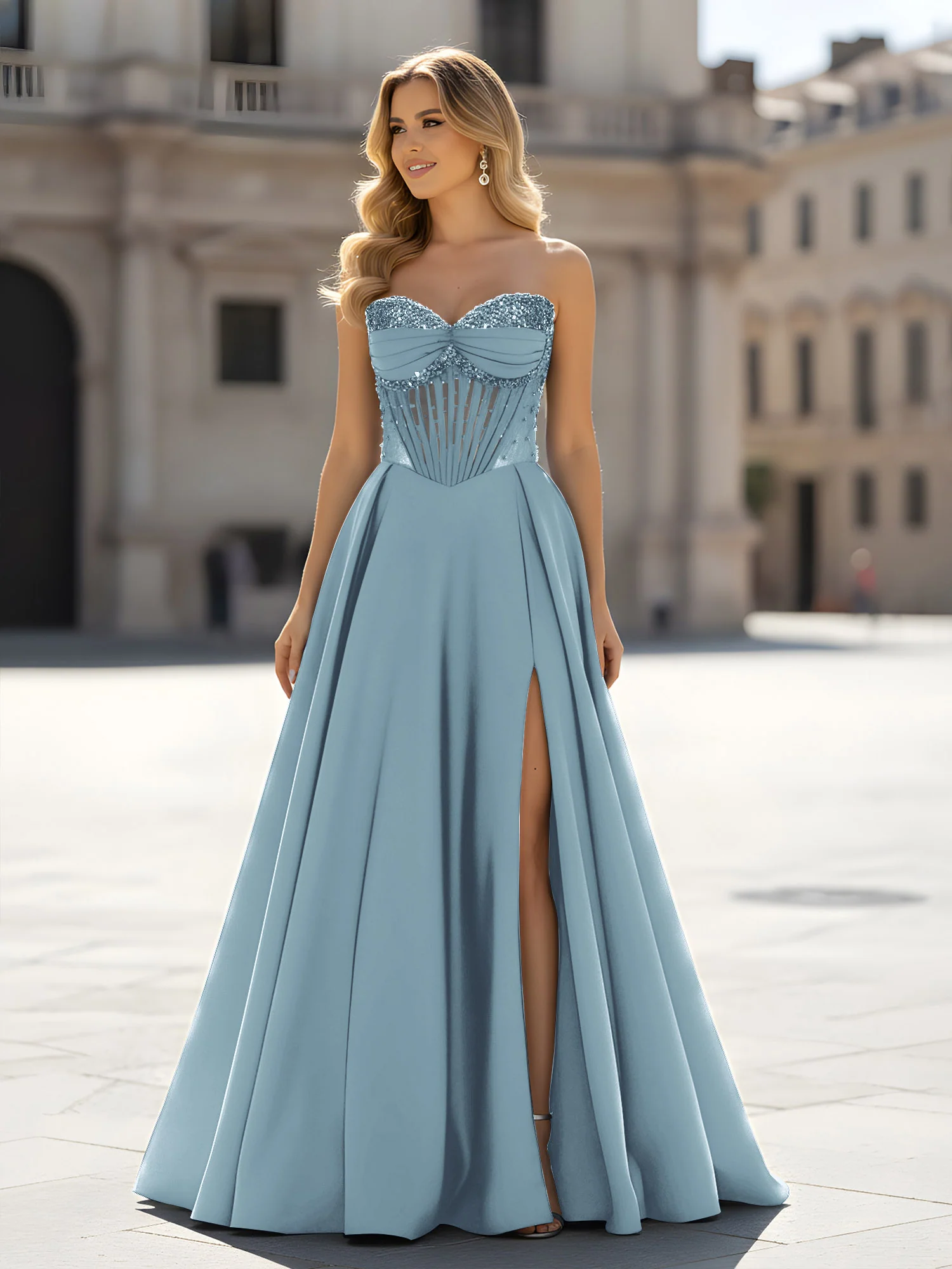 Sequin Sweetheart Bodice A-Line Gown with Slit Dusty Blue