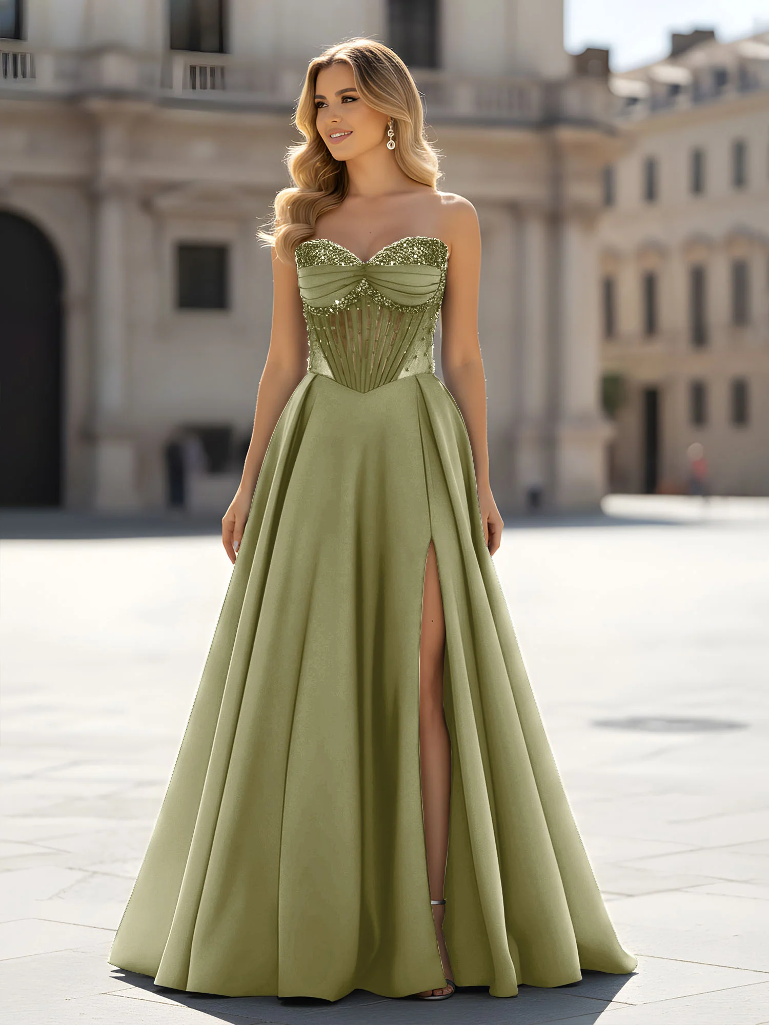 Sequin Sweetheart Bodice A-Line Gown with Slit Dusty Sage