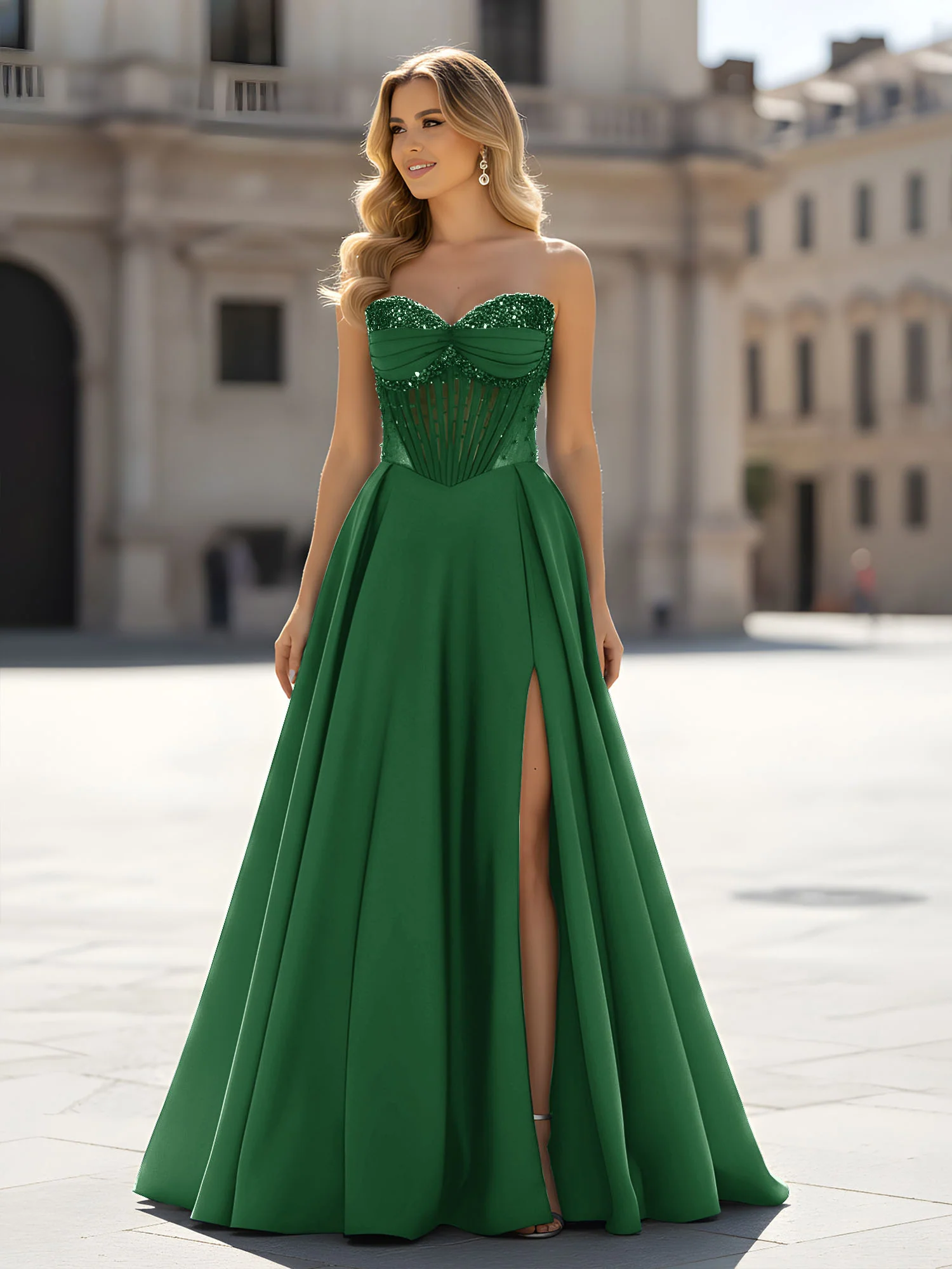 Sequin Sweetheart Bodice A-Line Gown with Slit Emerald