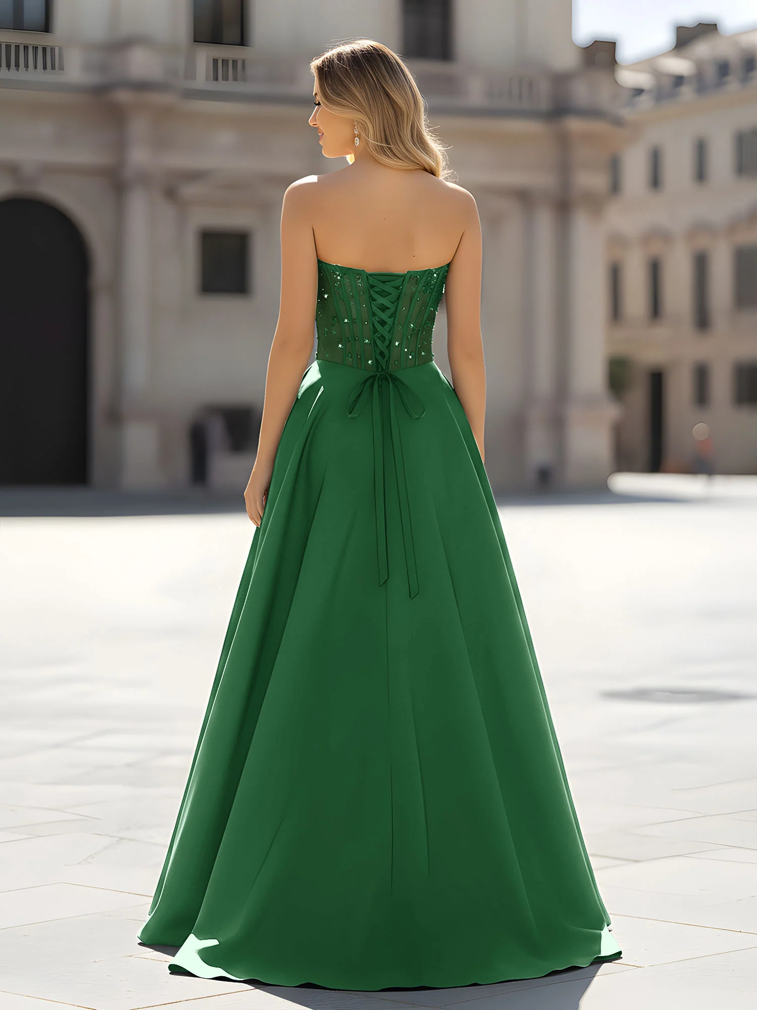 Sequin Sweetheart Bodice A-Line Gown with Slit Emerald - Image 2