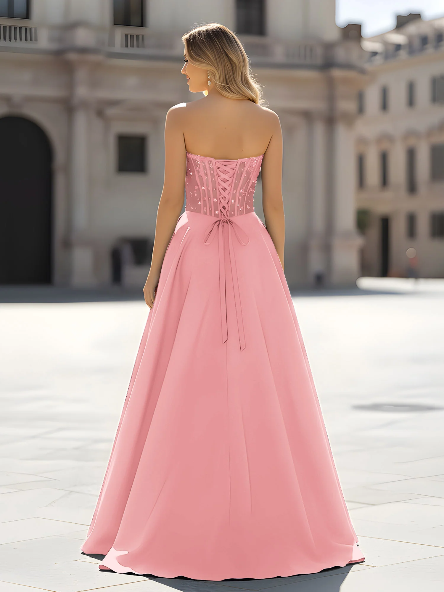Sequin Sweetheart Bodice A-Line Gown with Slit Flamingo - Image 2