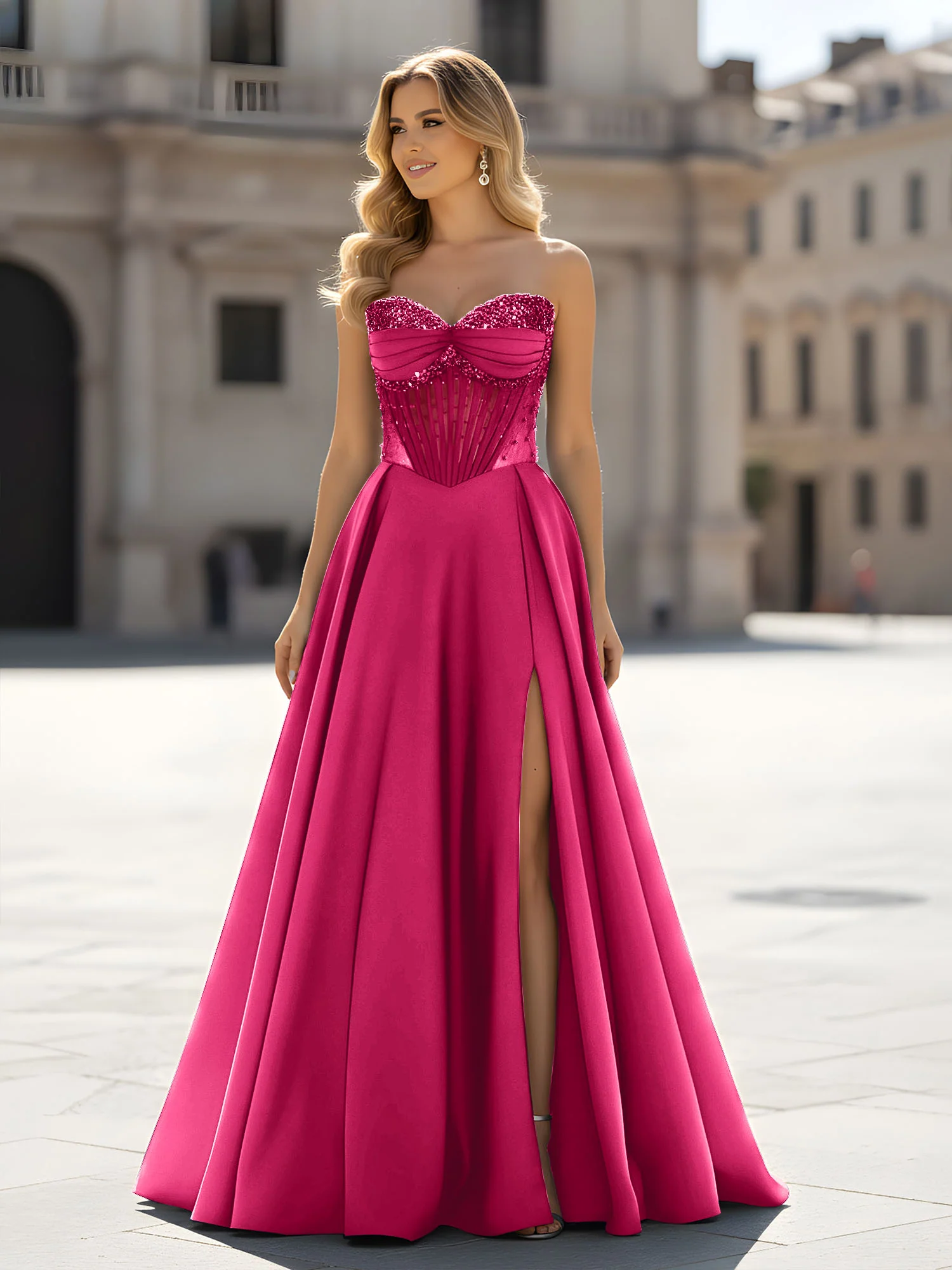 Sequin Sweetheart Bodice A-Line Gown with Slit Fuchsia