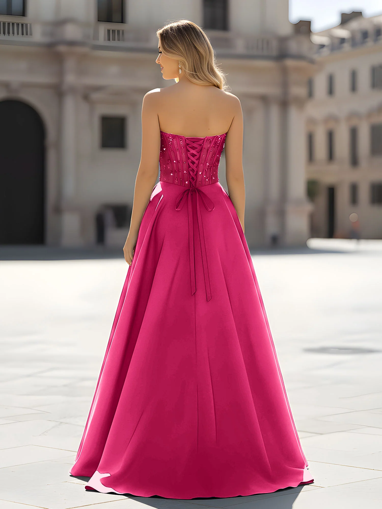 Sequin Sweetheart Bodice A-Line Gown with Slit Fuchsia - Image 2