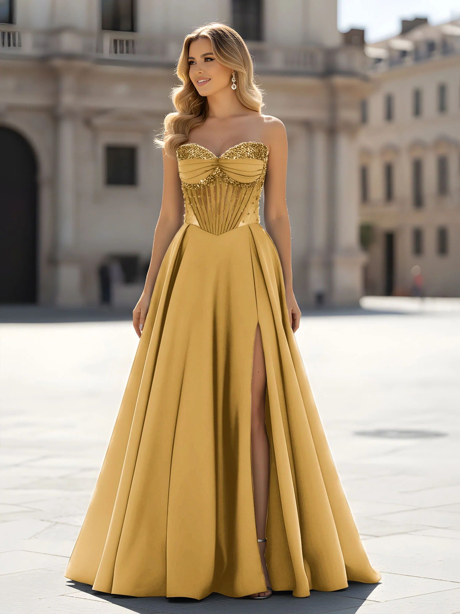 Sequin Sweetheart Bodice A-Line Gown with Slit Gold