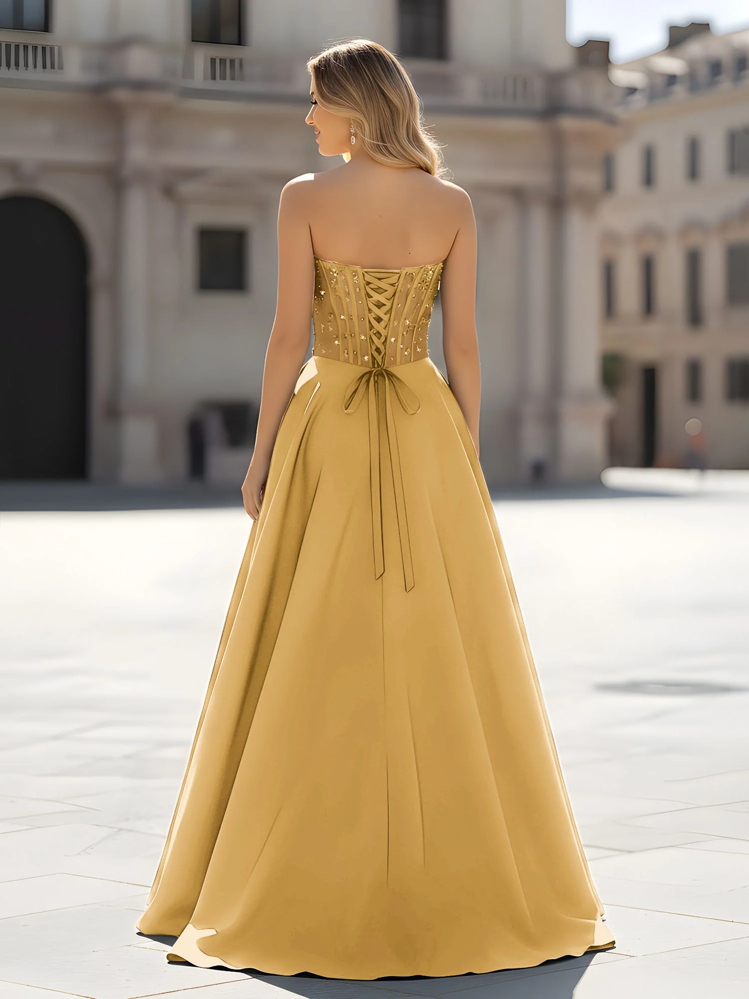 Sequin Sweetheart Bodice A-Line Gown with Slit Gold - Image 2