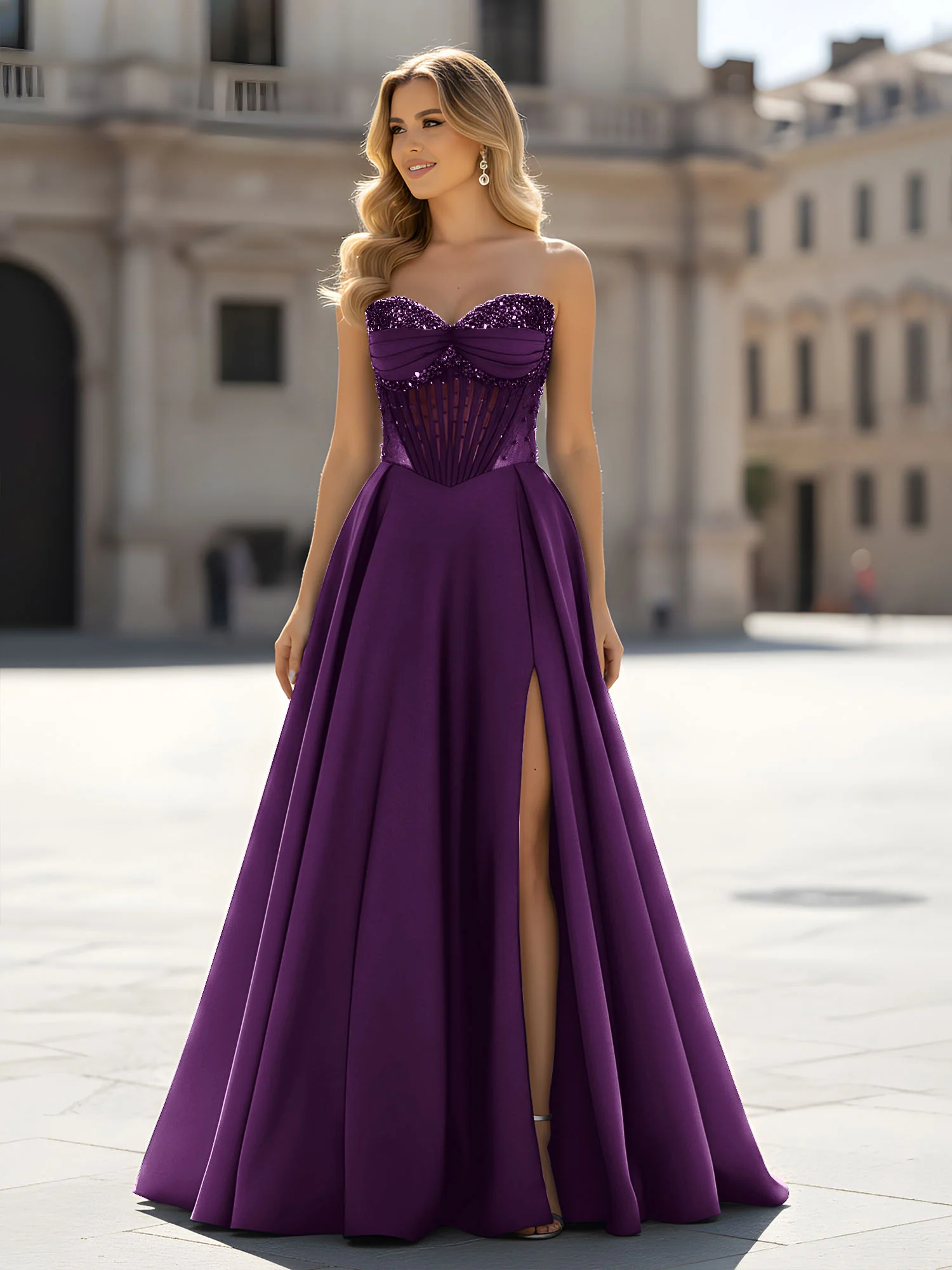 Sequin Sweetheart Bodice A-Line Gown with Slit Grape