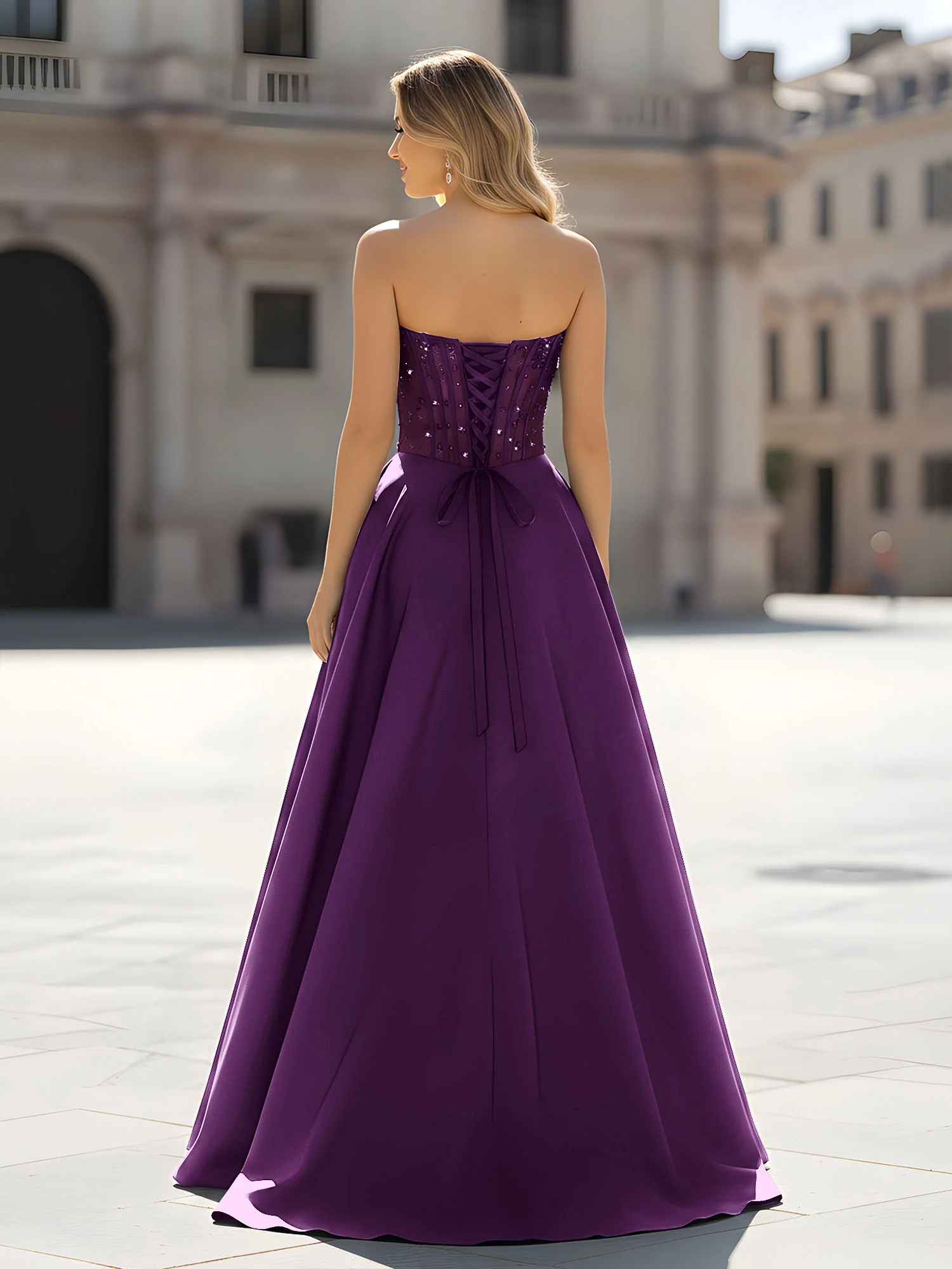 Sequin Sweetheart Bodice A-Line Gown with Slit Grape - Image 2