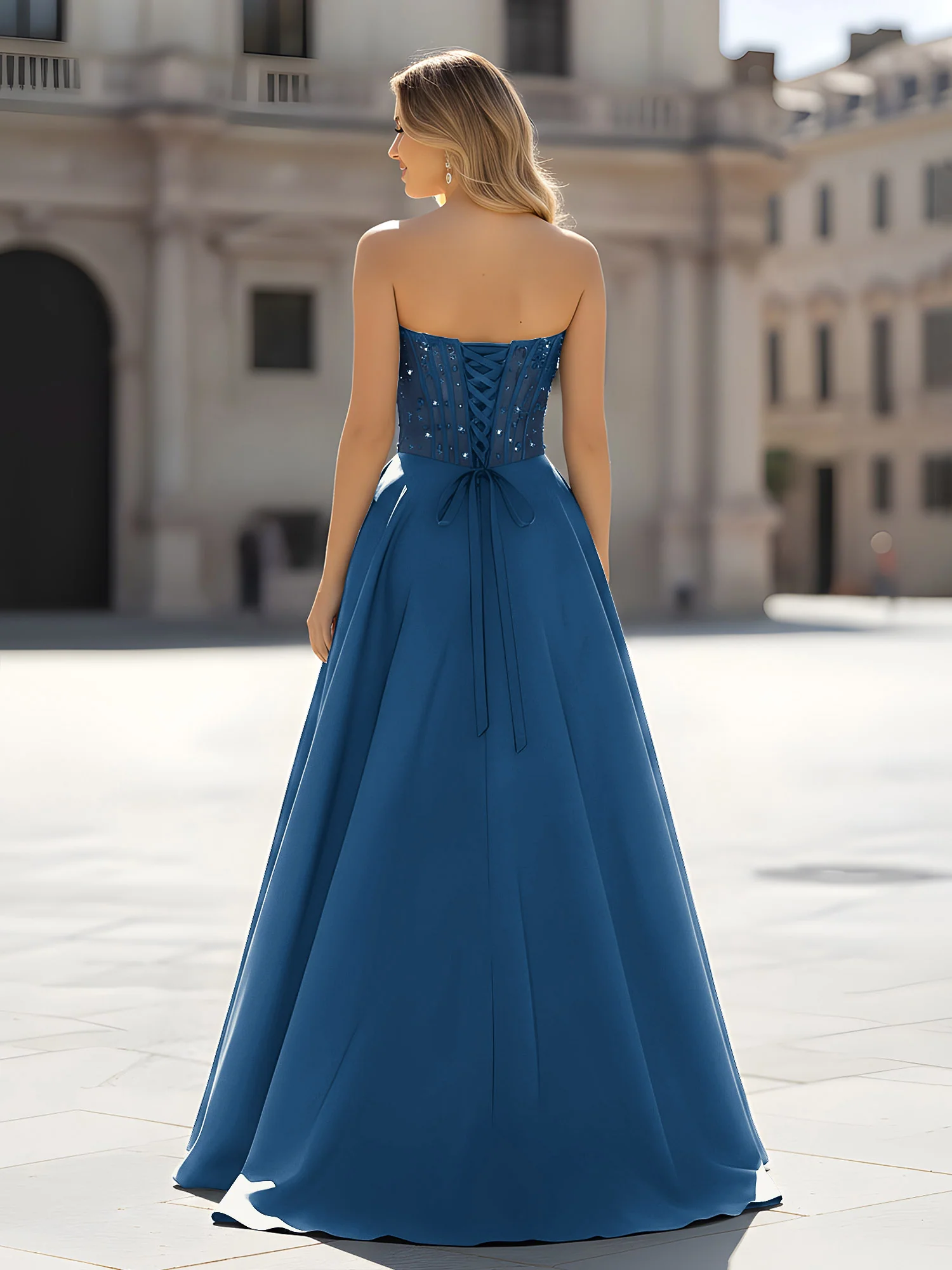 Sequin Sweetheart Bodice A-Line Gown with Slit Ink Blue - Image 2