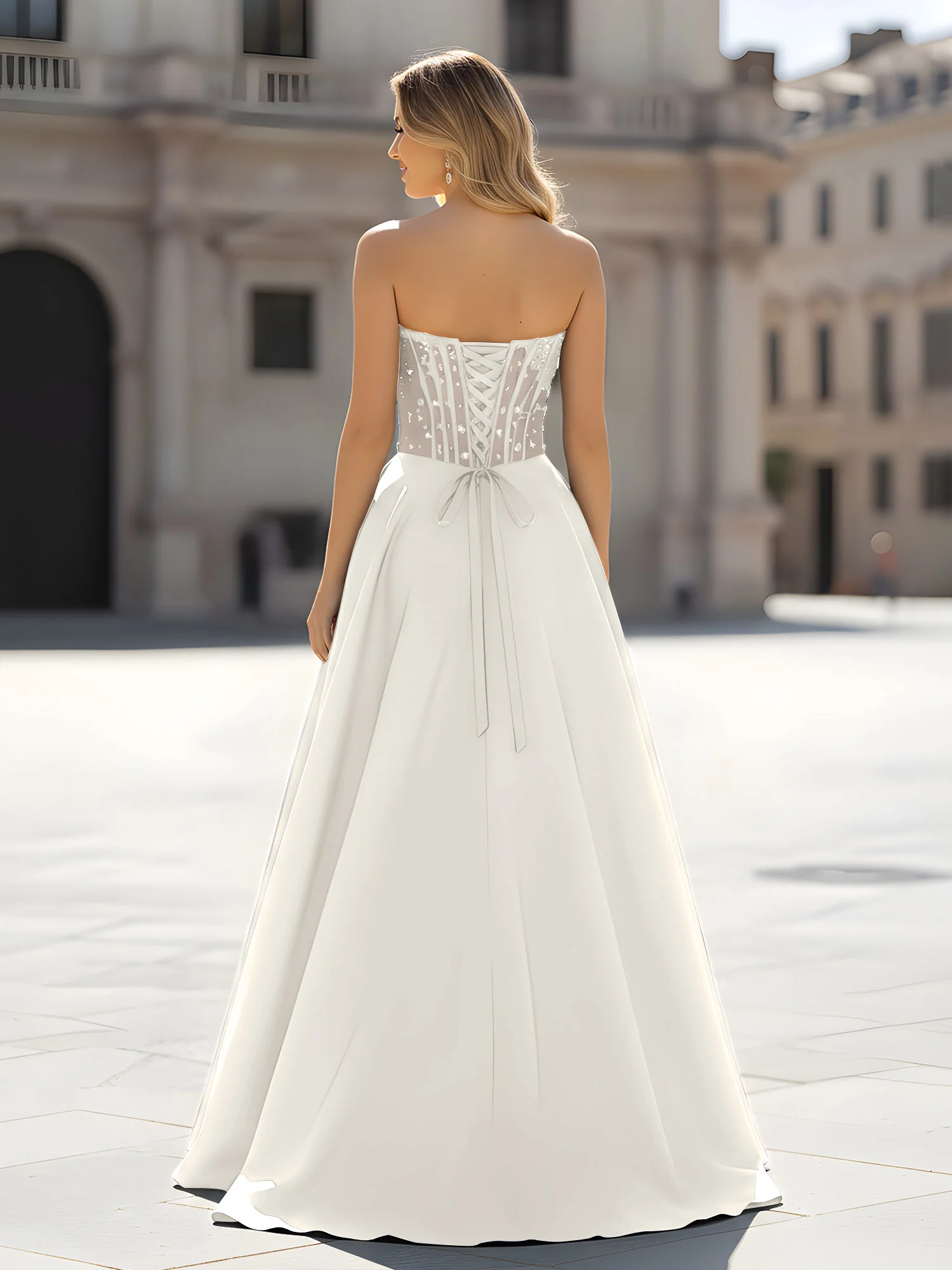 Sequin Sweetheart Bodice A-Line Gown with Slit Ivory - Image 2